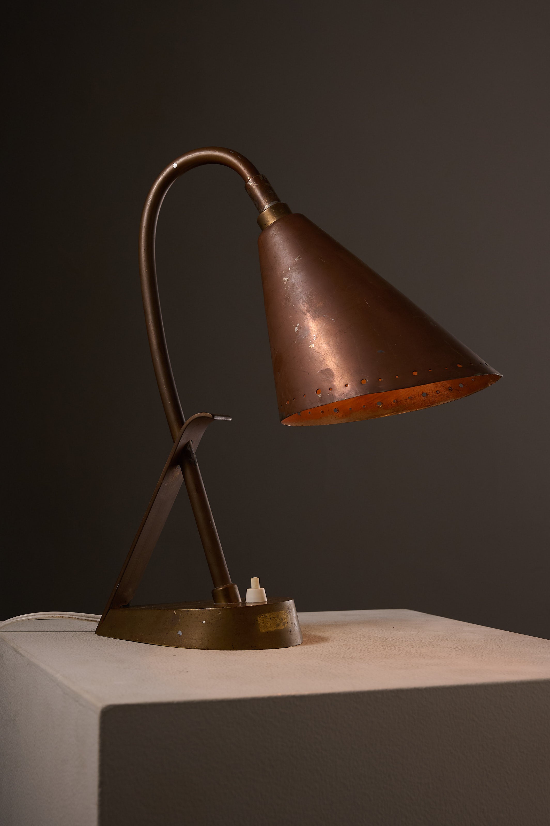 Copper & Brass Table Lamp, France with asymmetric copper shade and brass swivel joint, 1950s design.