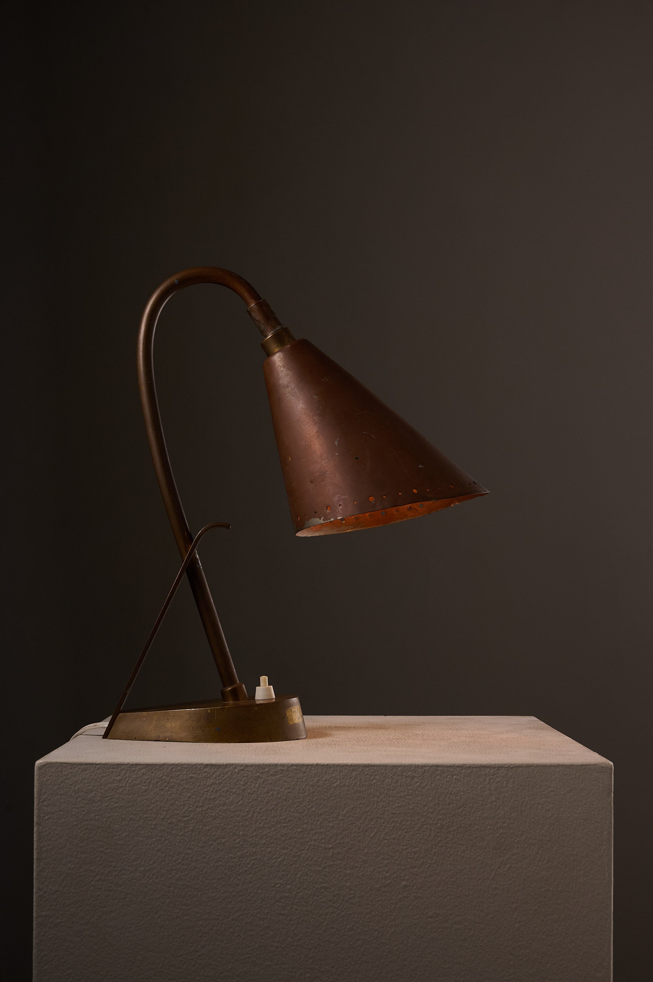Copper & Brass Table Lamp, France with a perforated copper shade and brass stem, ideal for mid-century decor.