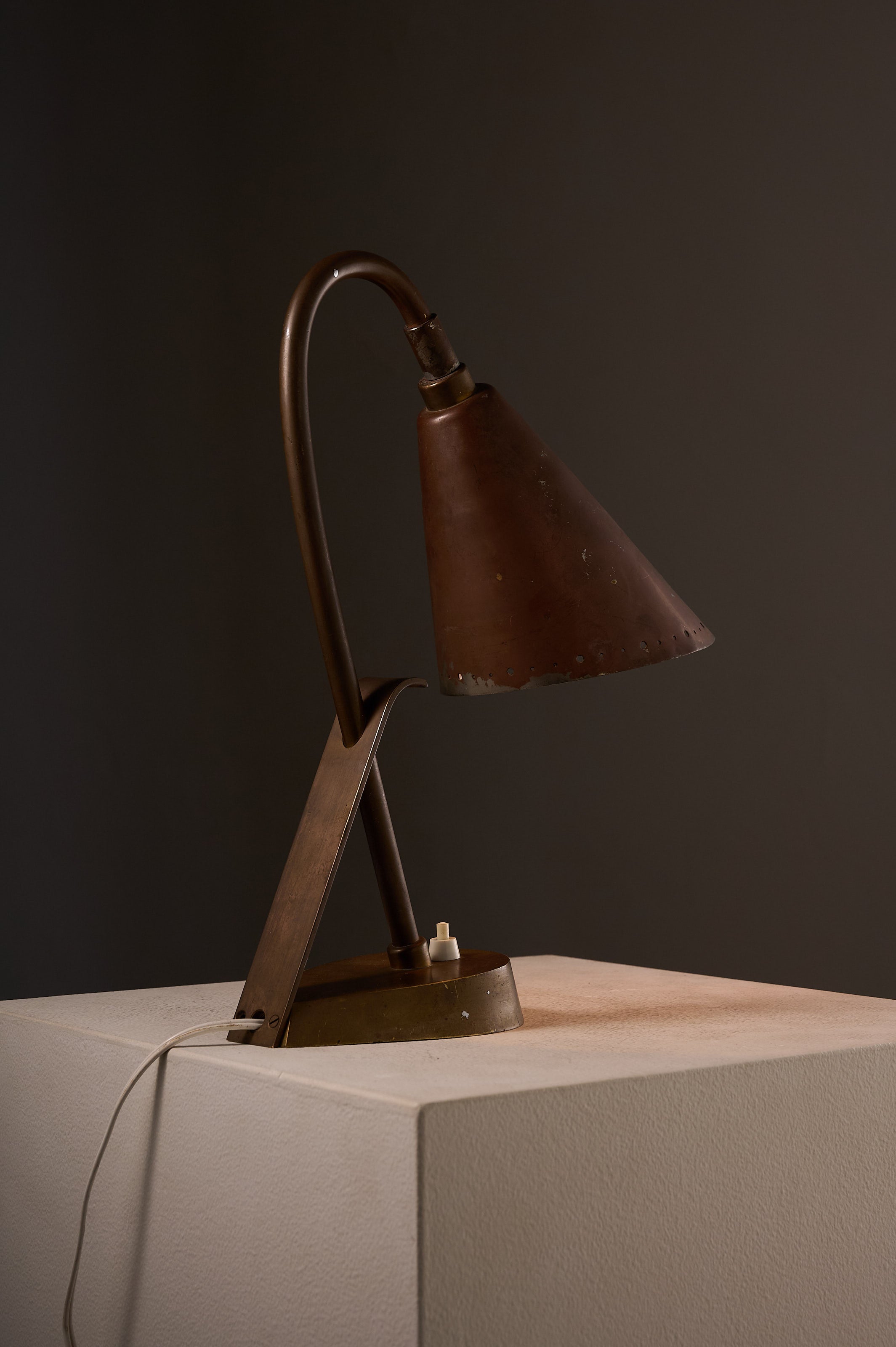 Copper & Brass Table Lamp, France with a copper shade and brass stem, perfect for mid-century decor.