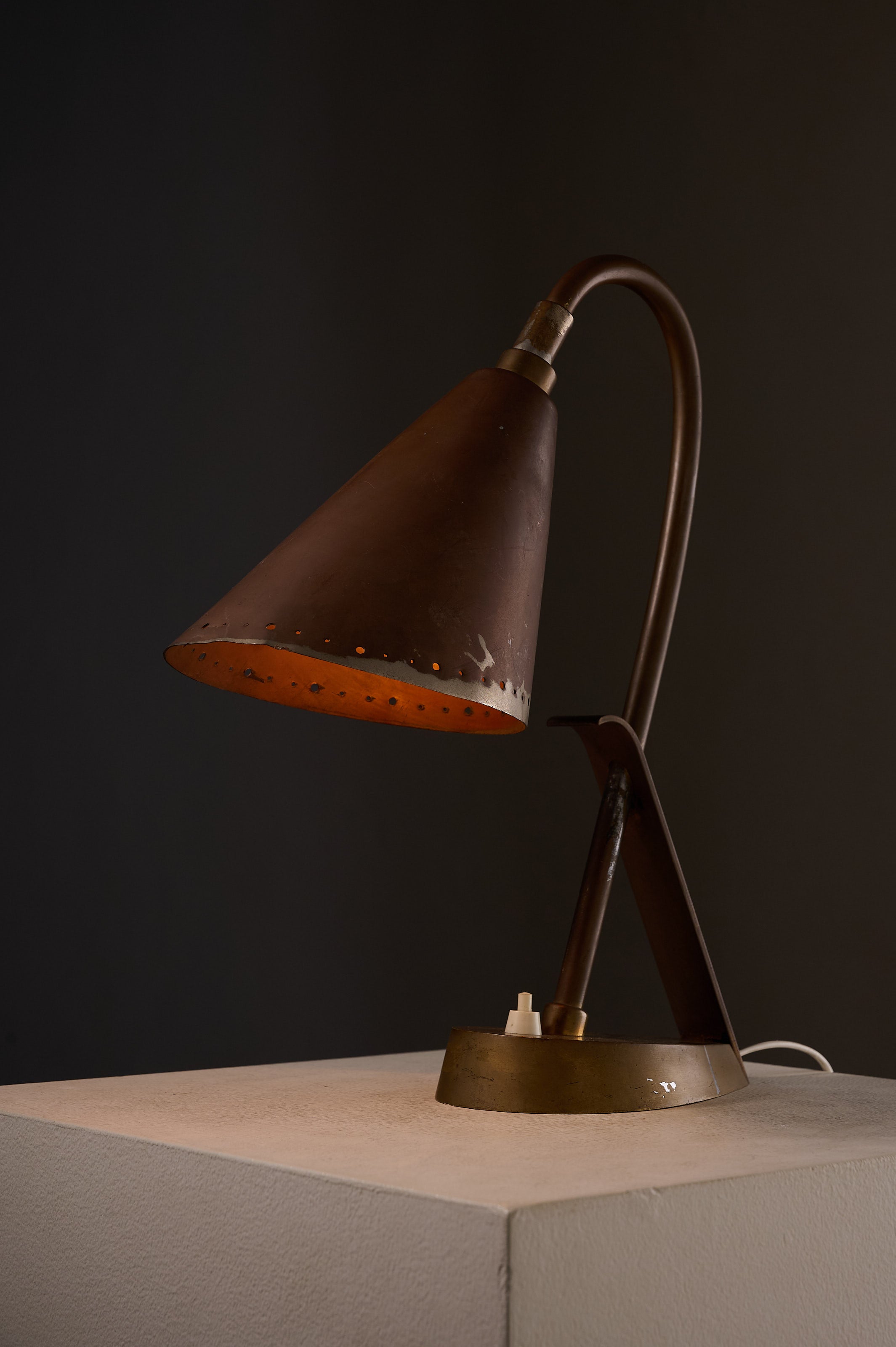 Copper & Brass Table Lamp, France with asymmetric shade and brass swivel joint on a minimalist pedestal.