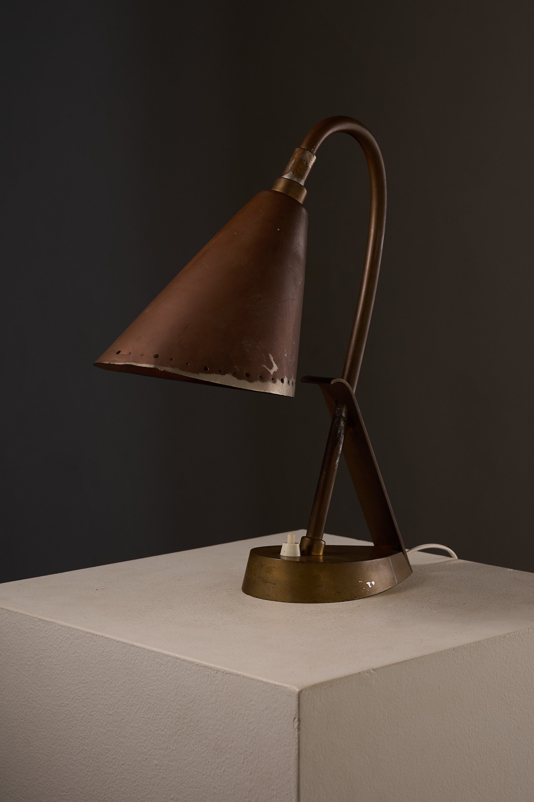 Copper & Brass Table Lamp, France with asymmetric shade and brass stem, ideal for mid-century decor.