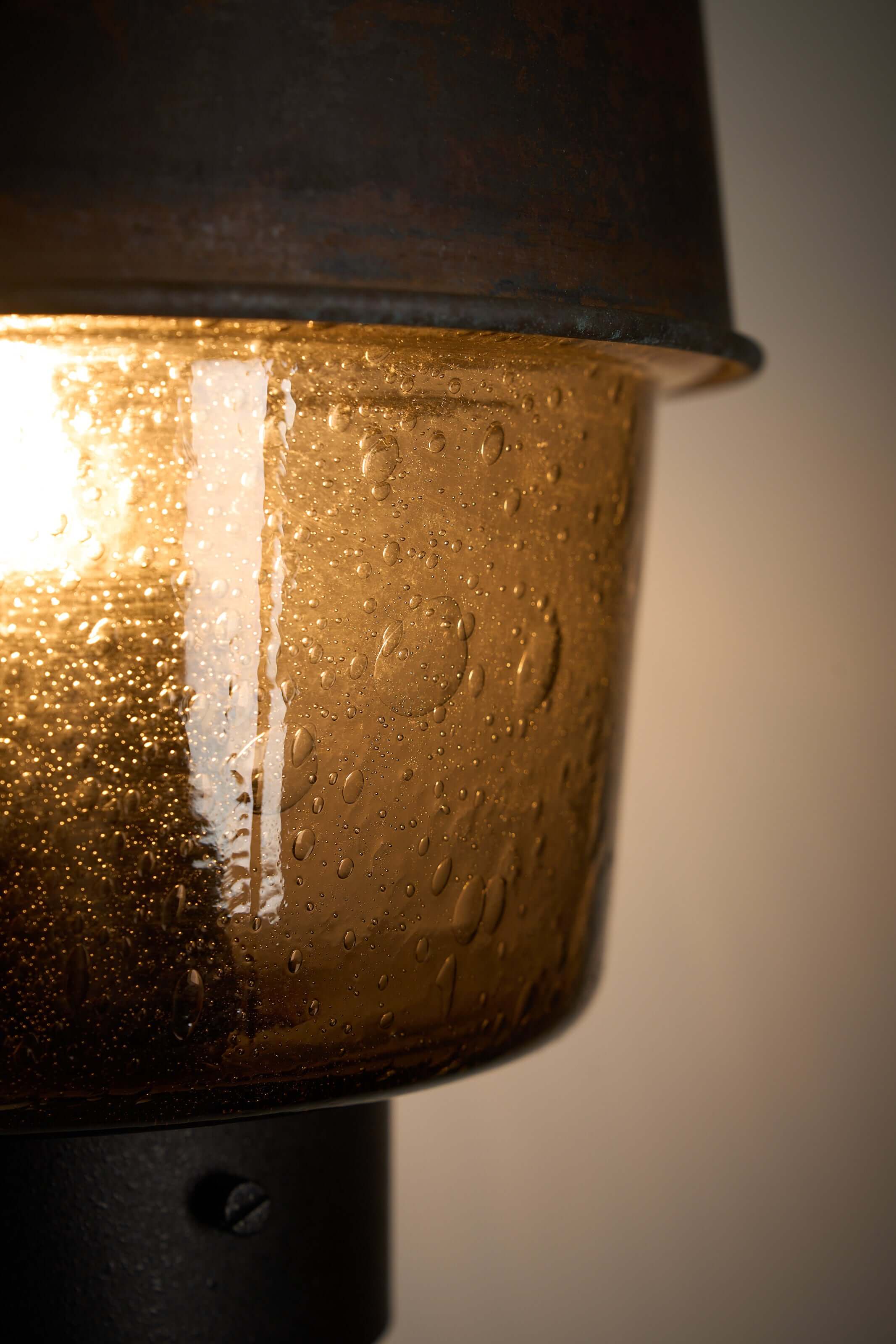 Outdoor Lantern with Amber Bubble Glass by Boom Bega, detailed close-up of bubble glass diffuser.
