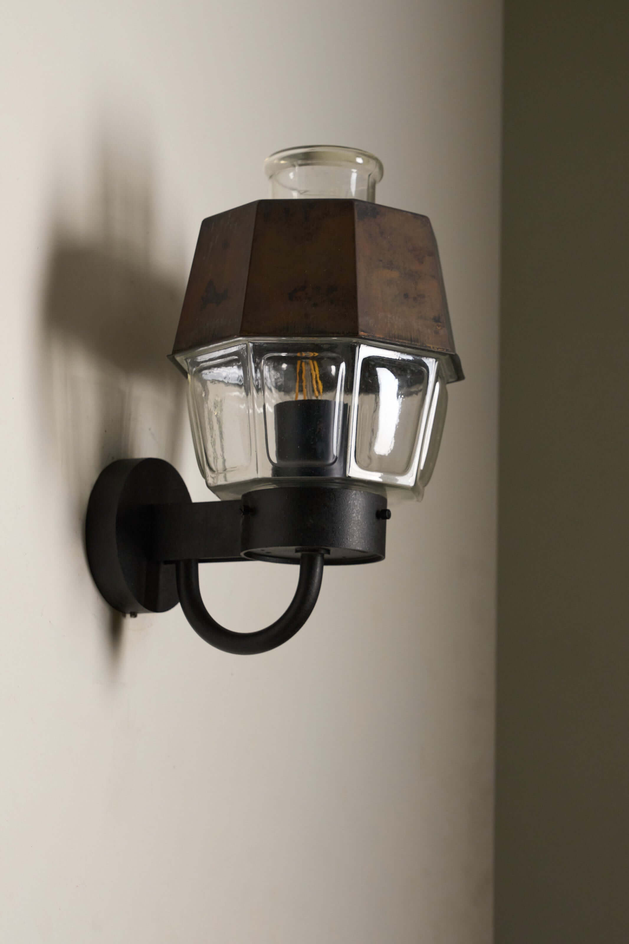 Outdoor Lantern Wall Lamp with Copper Reflector by Boom Bega showcasing a robust design with pressed glass and copper detail.