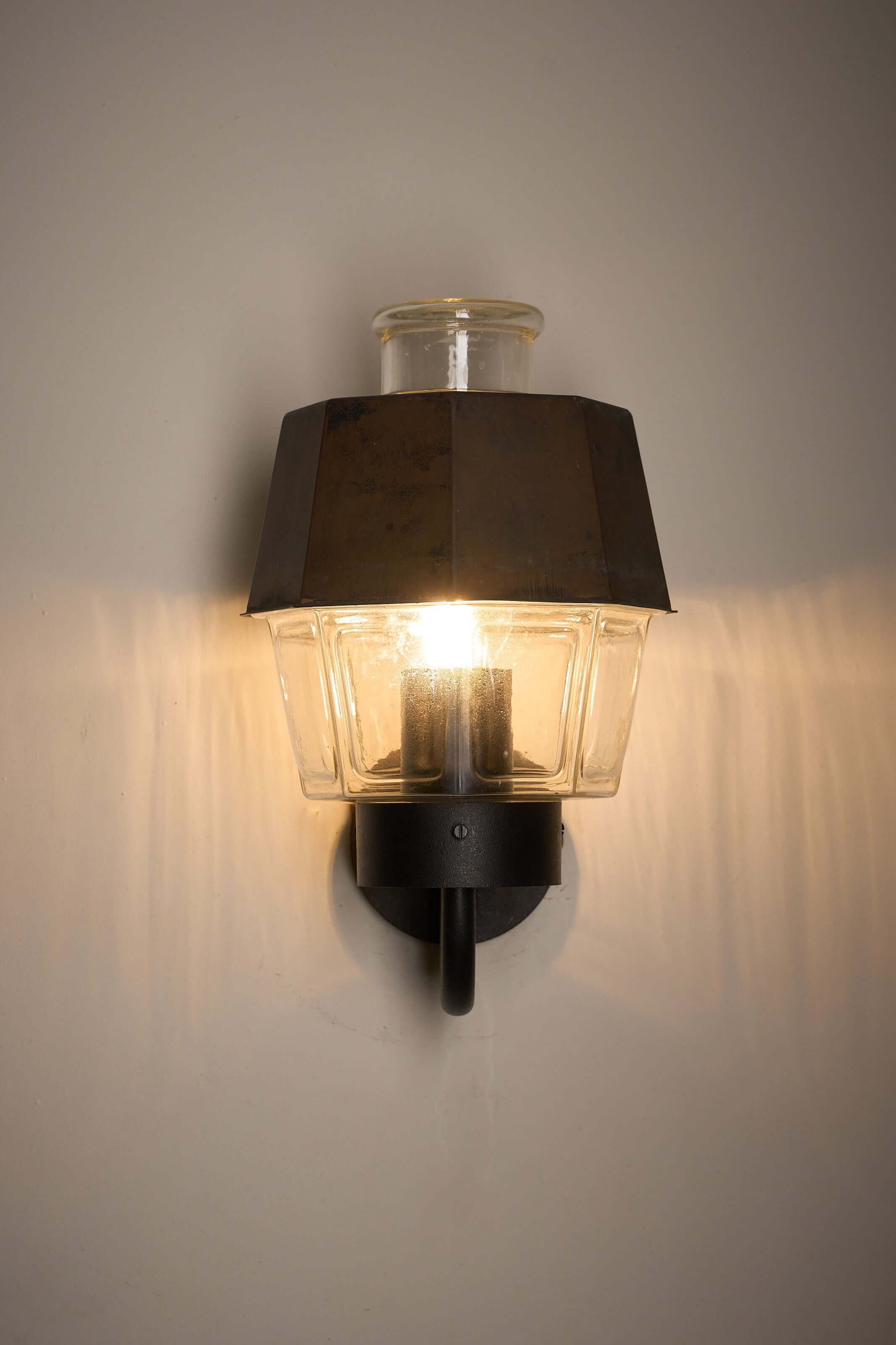 Outdoor Lantern Wall Lamp with Copper Reflector by Boom Bega mounted on a wall, featuring a glass diffuser and industrial design.