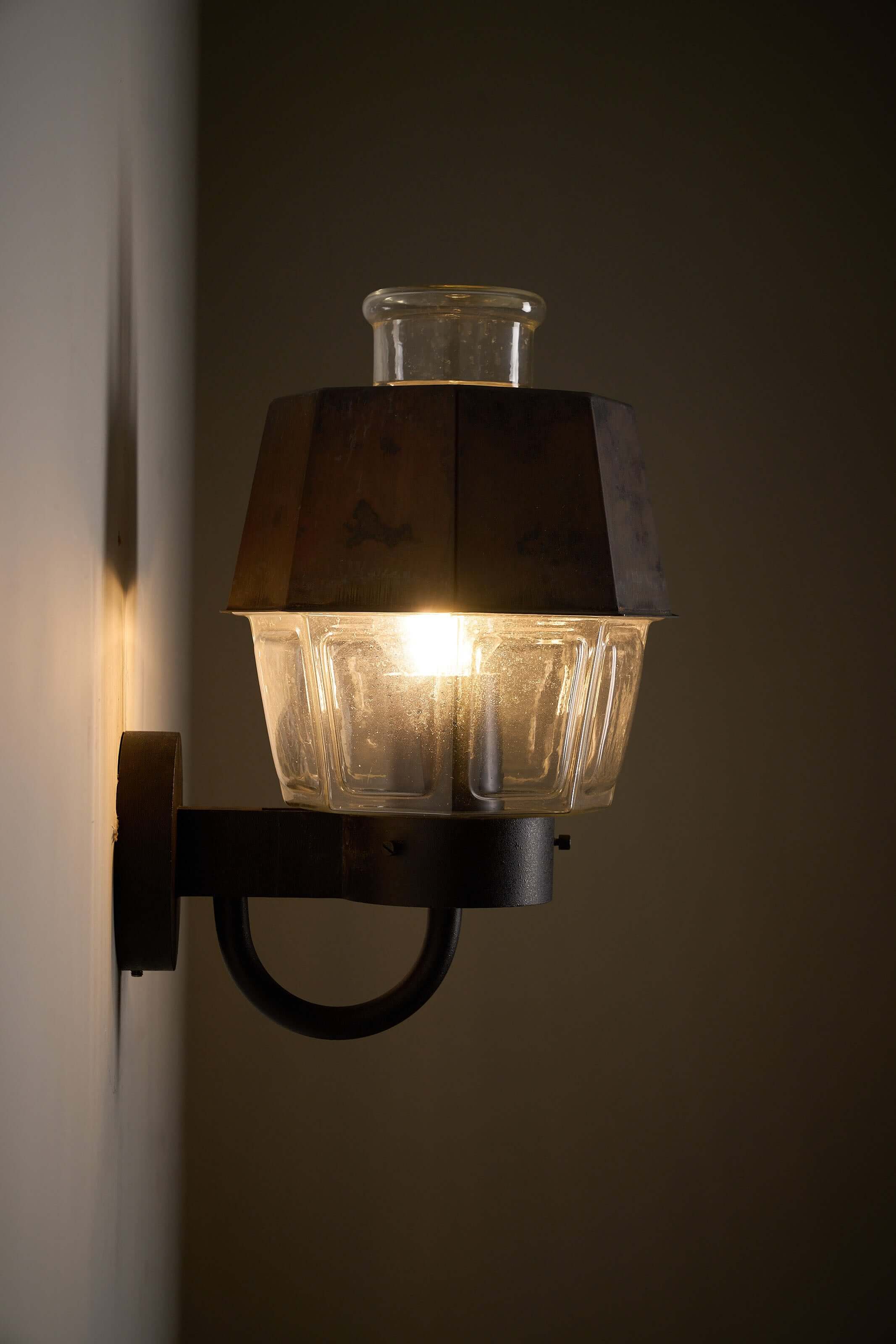 Outdoor Lantern Wall Lamp with Copper Reflector by Boom Bega, industrial-style lamp with pressed glass and copper.