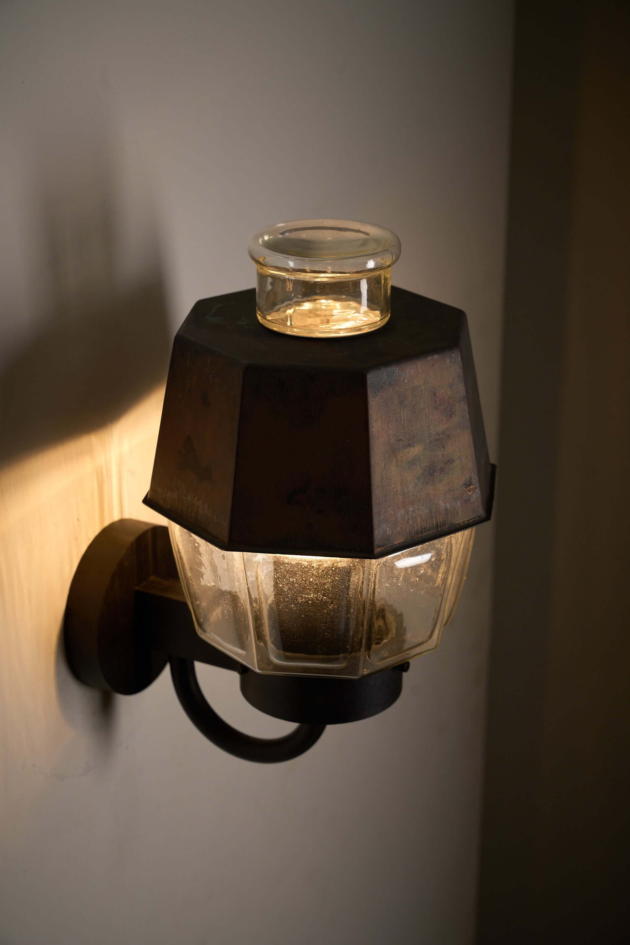 Outdoor Lantern Wall Lamp with Copper Reflector by Boom Bega, featuring a molded glass diffuser and industrial design.
