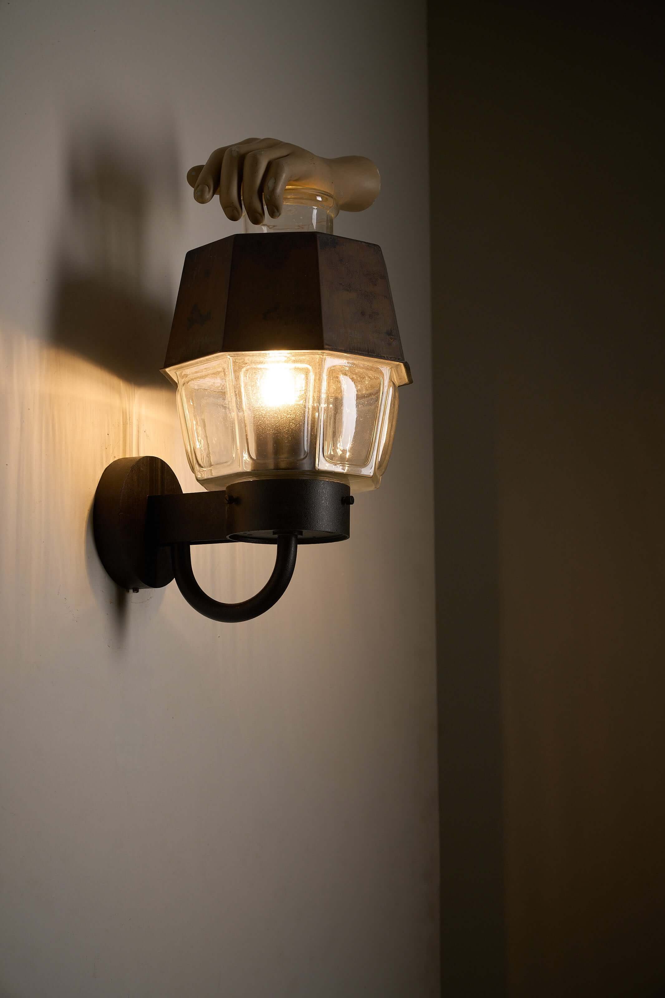Outdoor Lantern Wall Lamp with Copper Reflector by Boom Bega, robust industrial design with pressed glass.