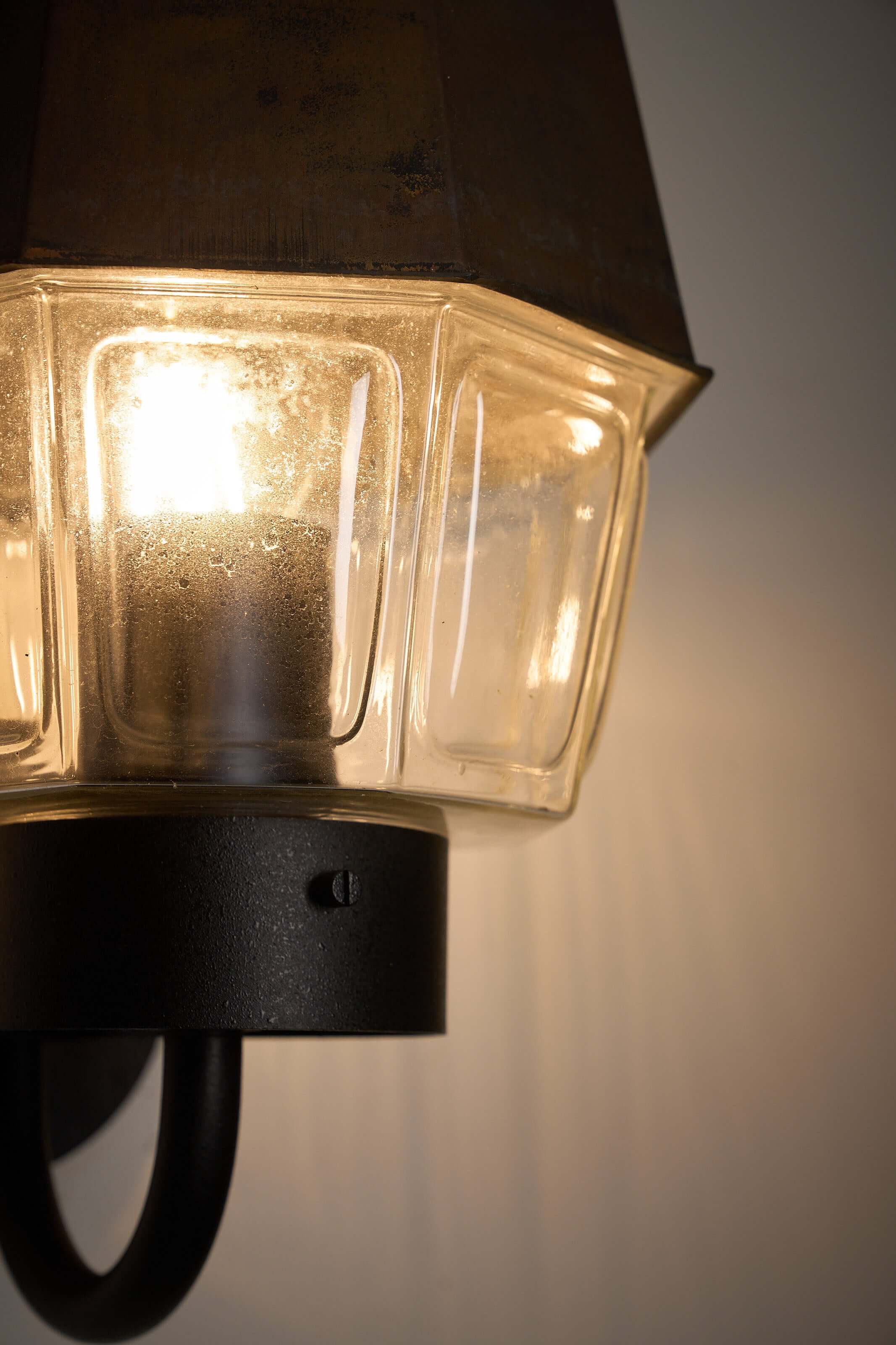 Outdoor Lantern Wall Lamp with Copper Reflector by Boom Bega, close-up view of the glass and copper details.