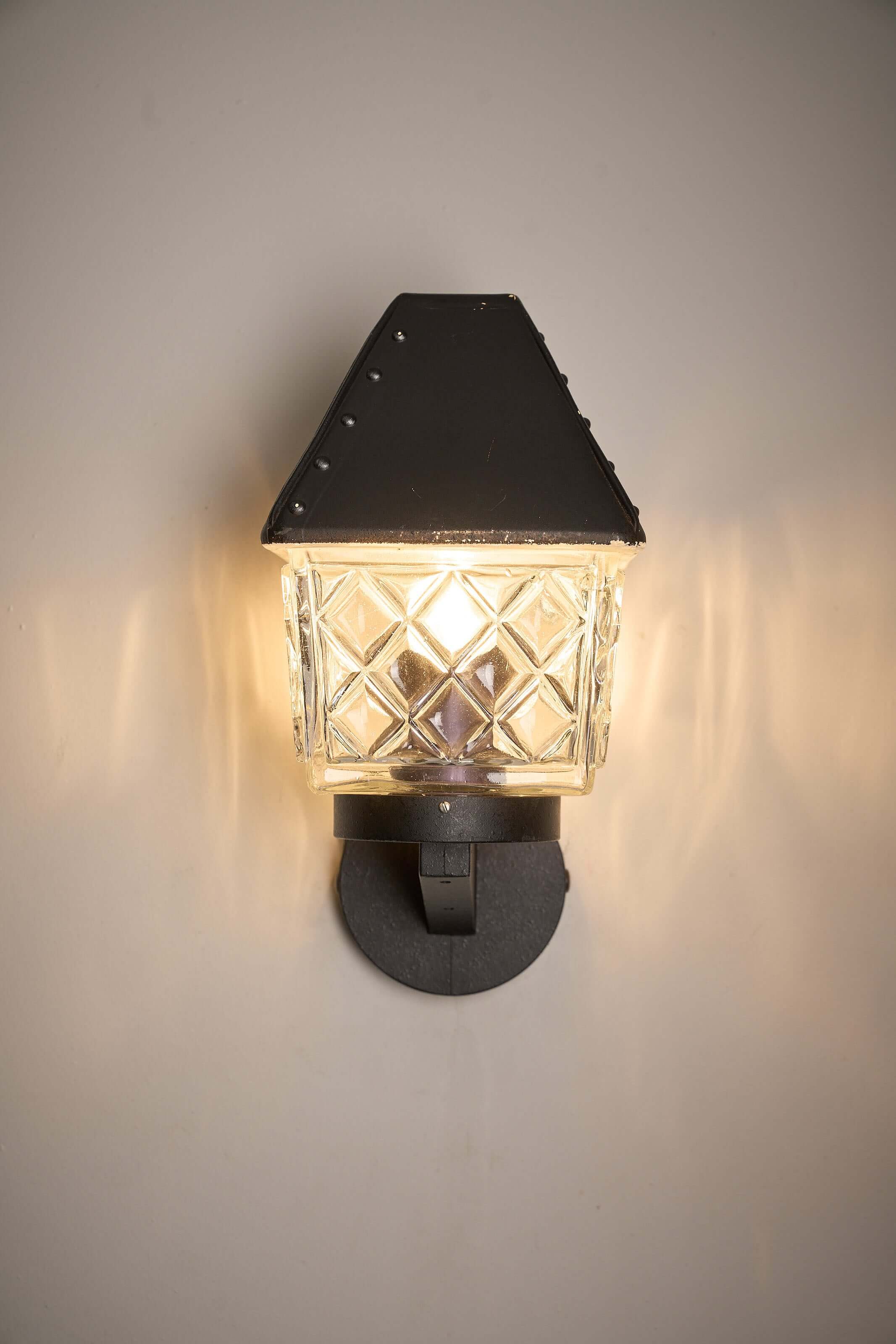 Outdoor Lantern Wall Lamp by Boom Bega, geometric design with glass diffuser and cast aluminium housing.