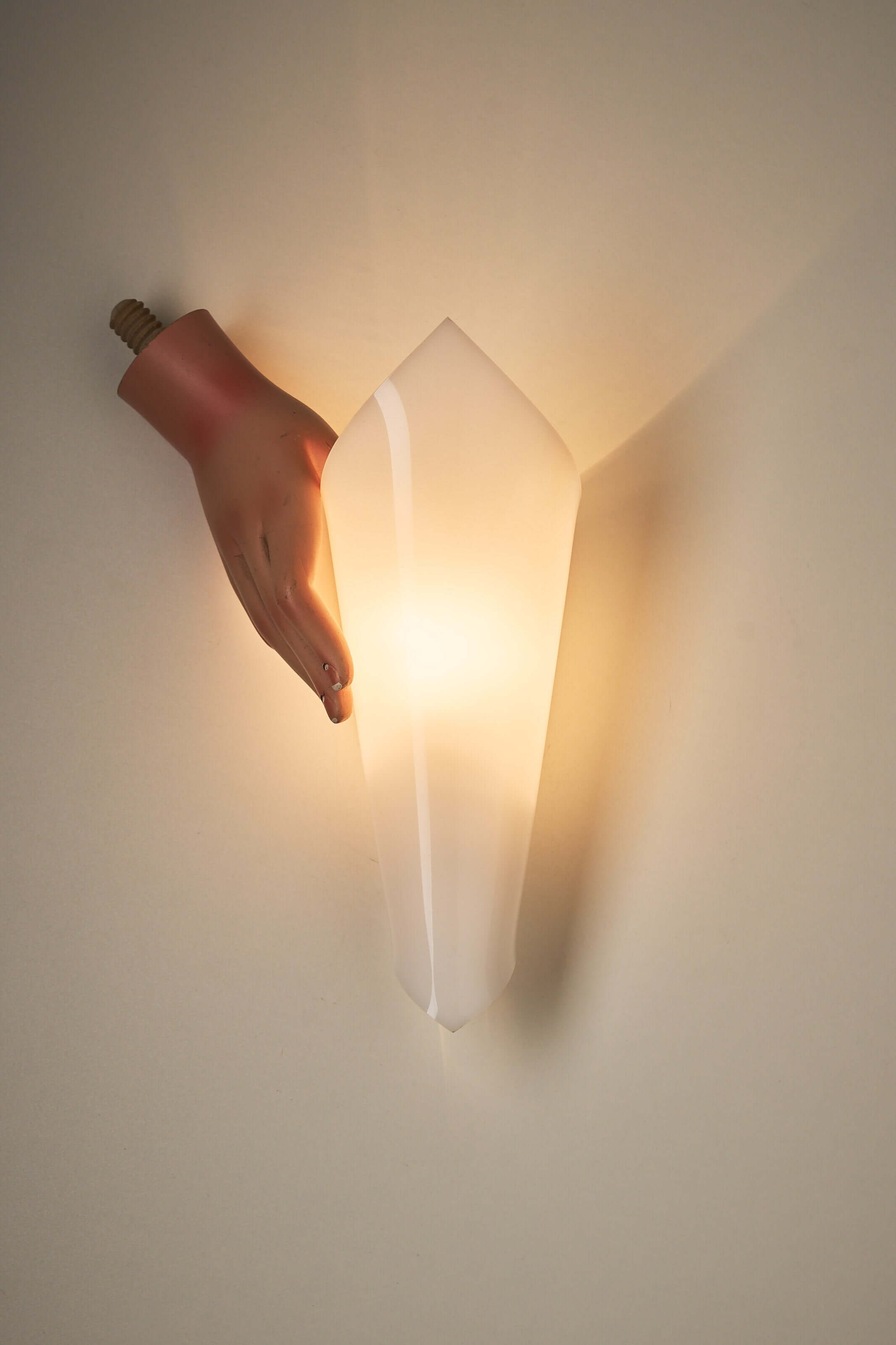 Set of Open Cone Wall Lamps in White Plexiglas by Hanns Hoffmann-Lederer, Germany, 1950s illuminated with warm light.