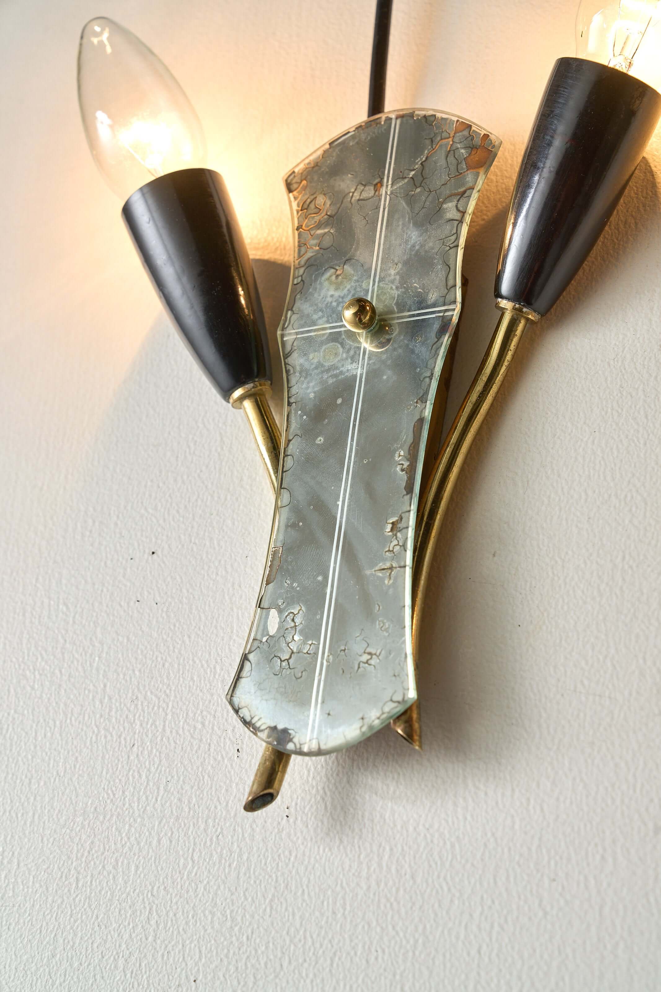 Brass and Mirrored Glass Wall Lamp, 1950s with asymmetrical design and cone-shaped lampholders.