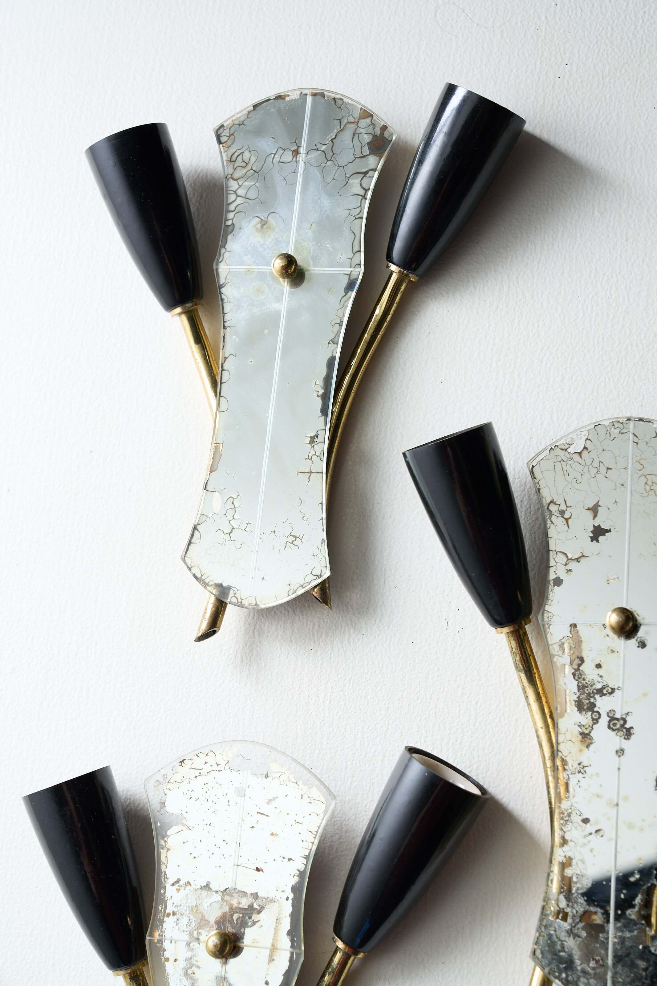 Brass and Mirrored Glass Wall Lamp, 1950s, vintage design with etched mirror and black lampholders.