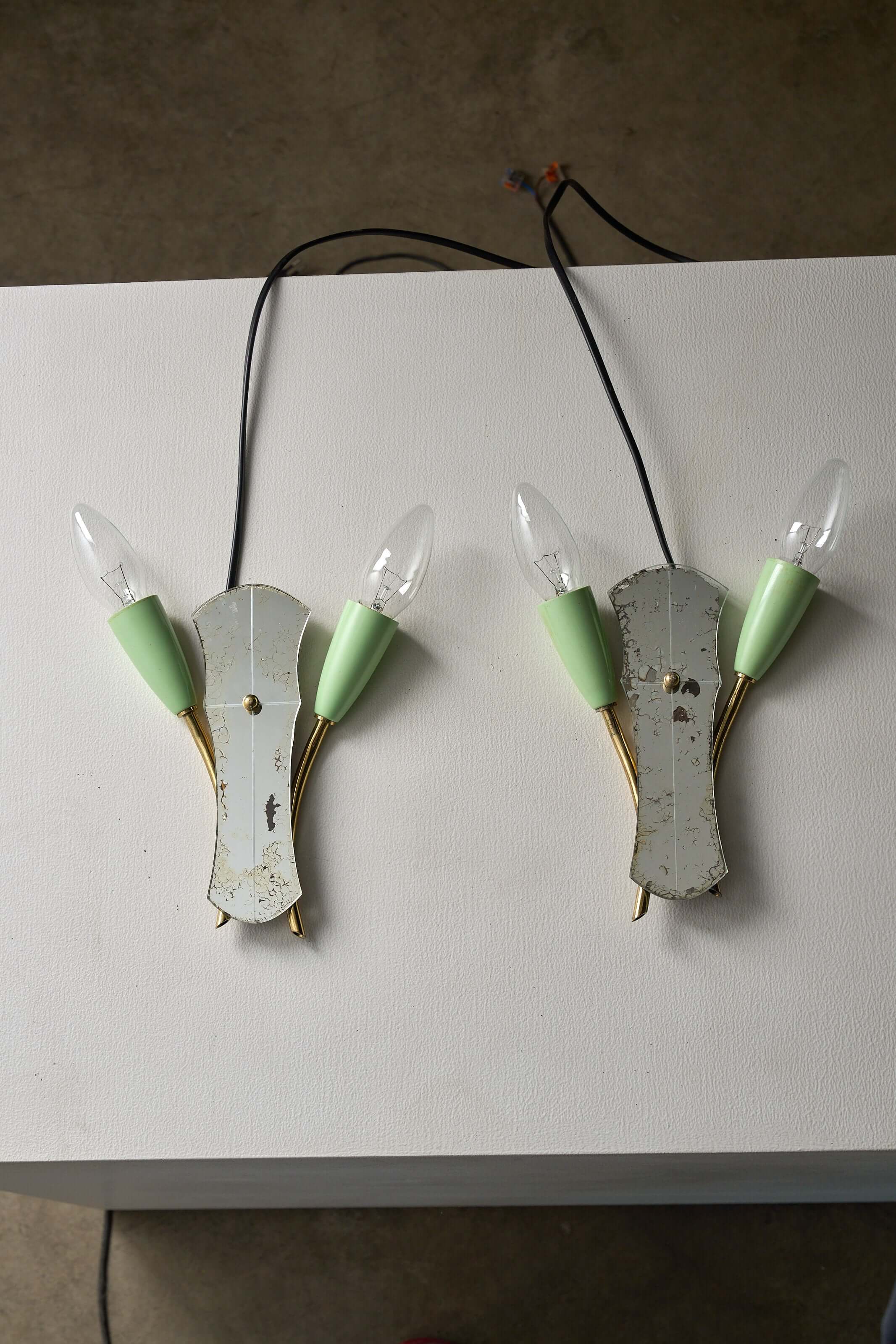 Brass and Mirrored Glass Wall Lamp, 1950s featuring two green cone-shaped lampholders and a shaped mirror.