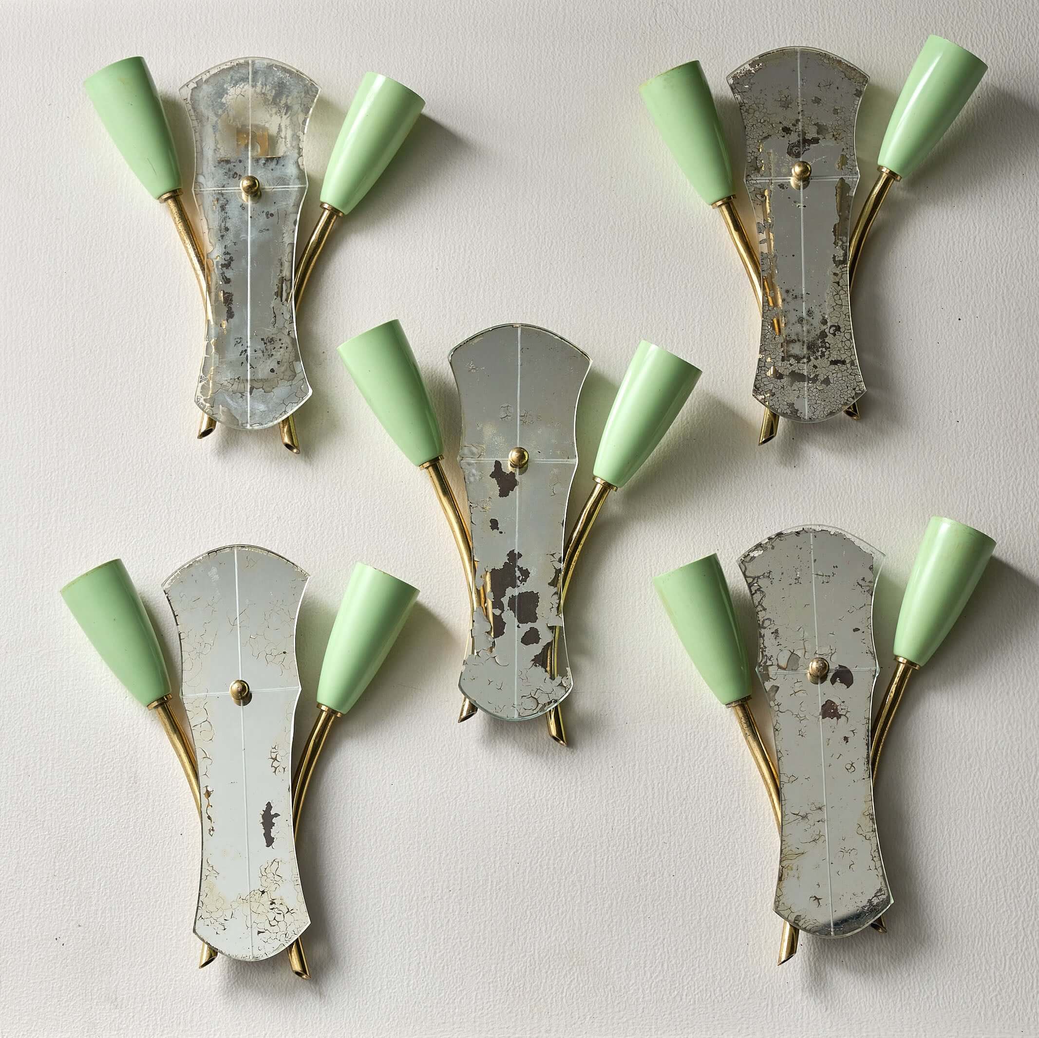 Brass and Mirrored Glass Wall Lamp, 1950s featuring pale green cone-shaped lampholders and vintage design.