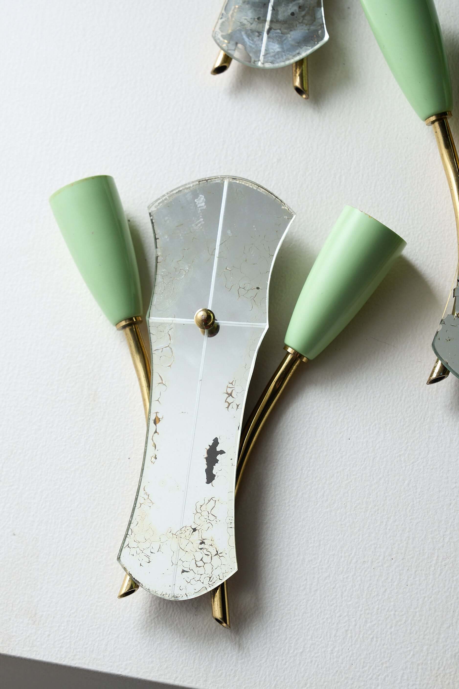 Brass and Mirrored Glass Wall Lamp, 1950s with pale green lampholders and etched mirror detail