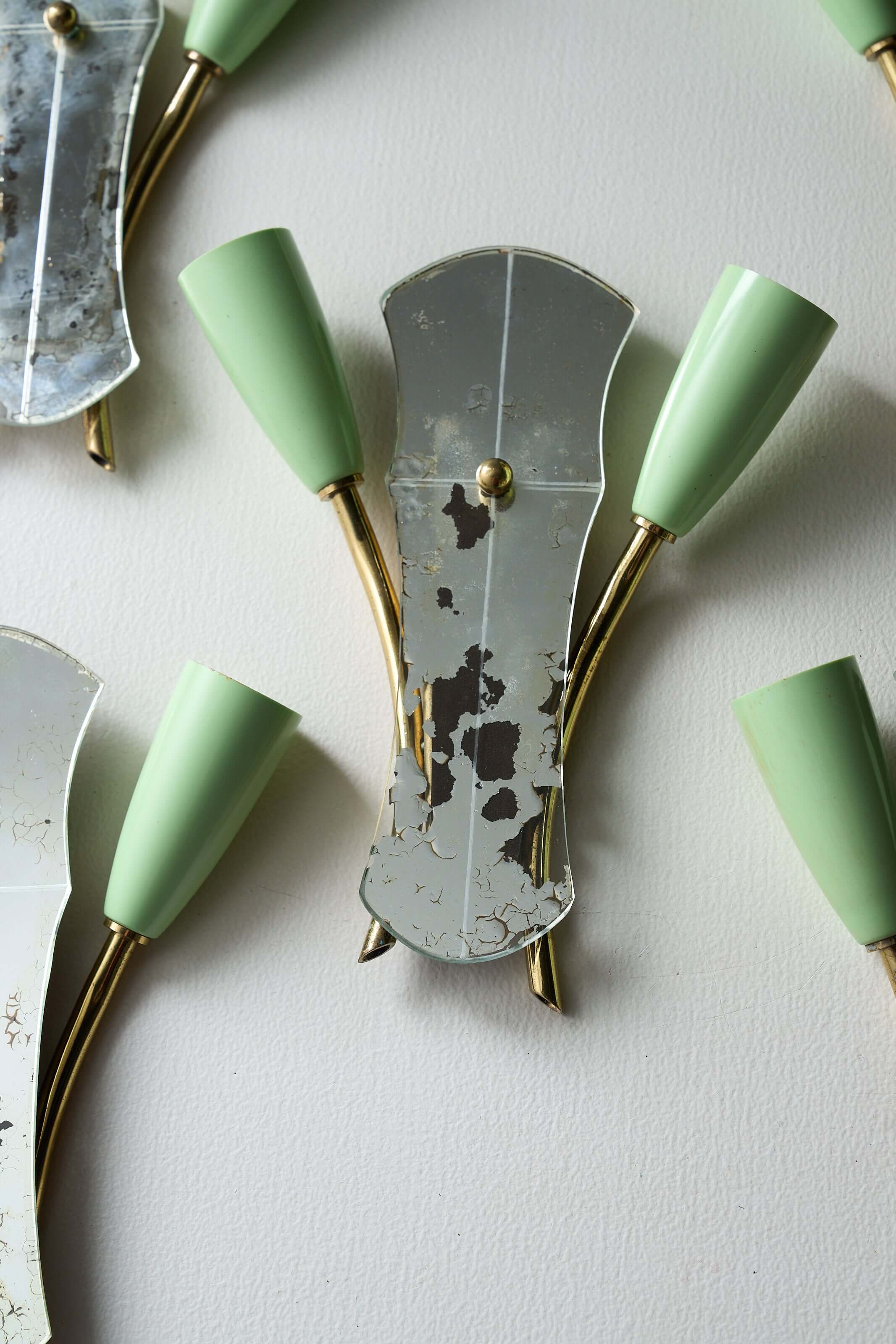 Brass and Mirrored Glass Wall Lamp, 1950s featuring green cone-shaped lampholders and curved brass tubes.