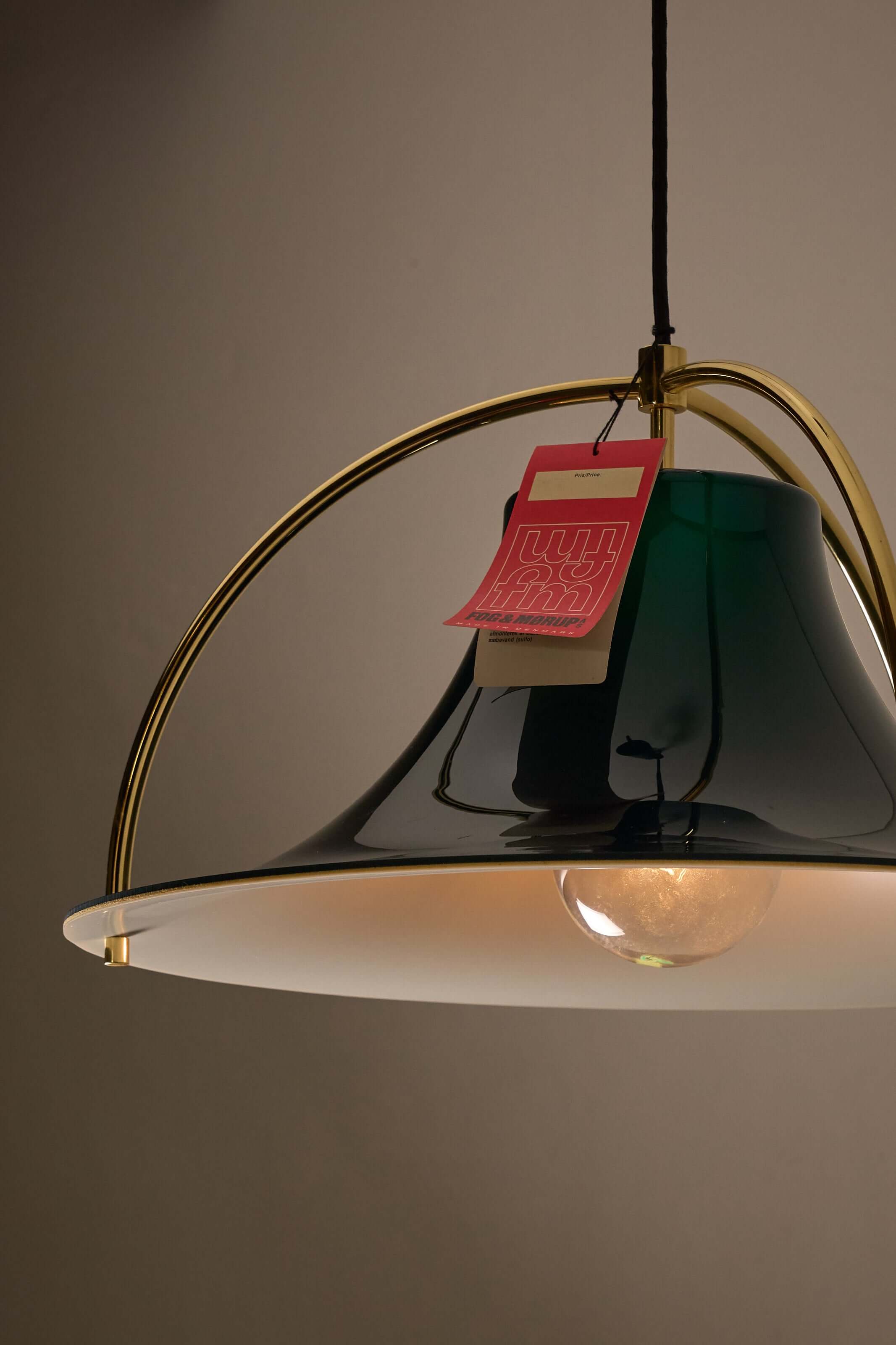 'Single' Acrylic and Brass Pendant by Jo Hammerborg for Fog & Mørup, Denmark, 1960s hanging lamp with tag.