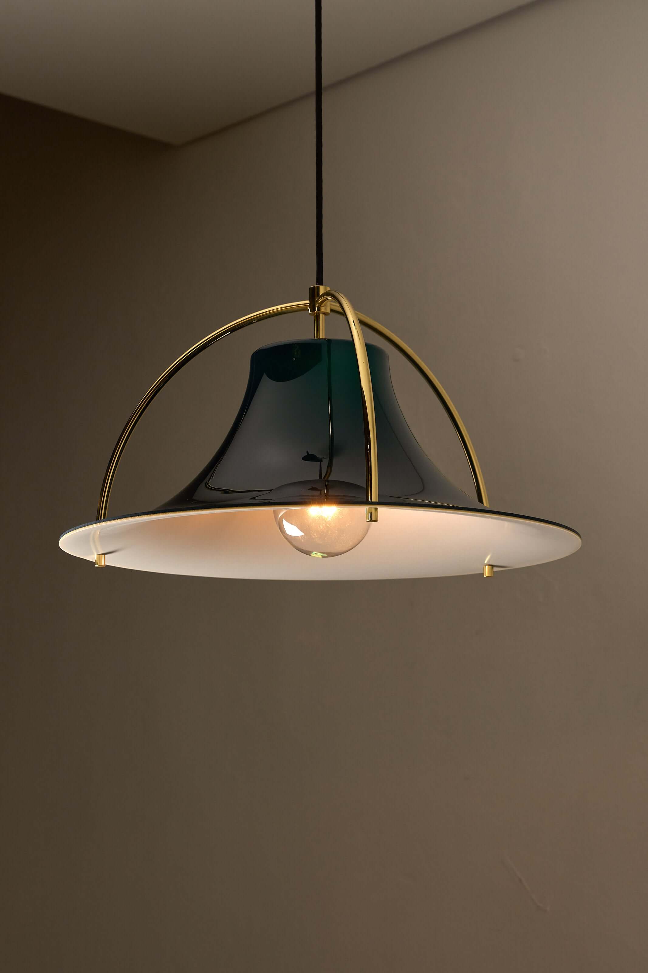 Single' Acrylic and Brass Pendant by Jo Hammerborg for Fog & Mørup, Denmark, 1960s - Blue shade with brass arms.