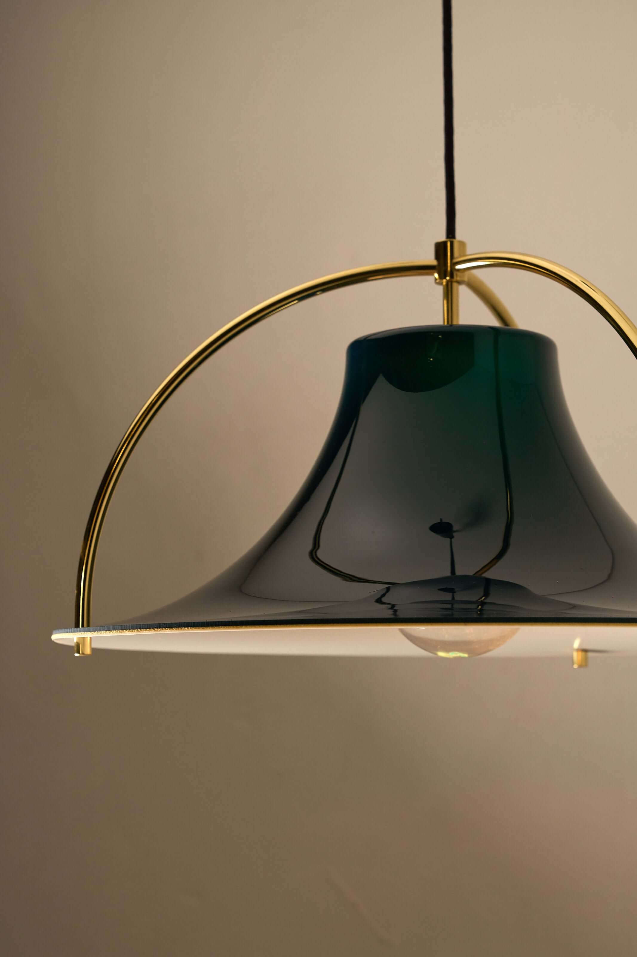 Single' Acrylic and Brass Pendant by Jo Hammerborg for Fog & Mørup, Denmark, 1960s with deep blue shade and brass arms.