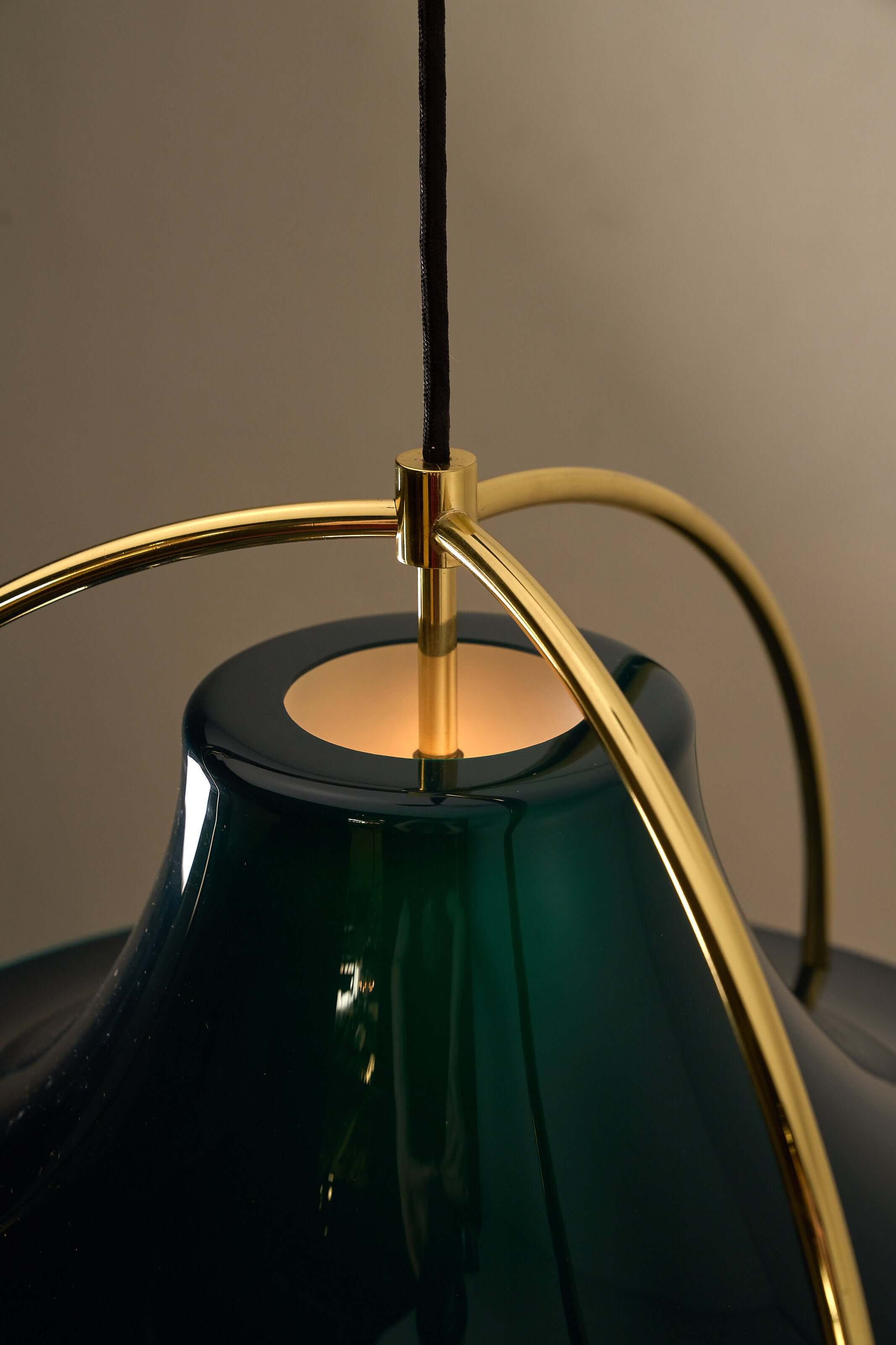 'Single' Acrylic and Brass Pendant by Jo Hammerborg for Fog & Mørup, Denmark, 1960s close-up view of the lamp's brass accents.