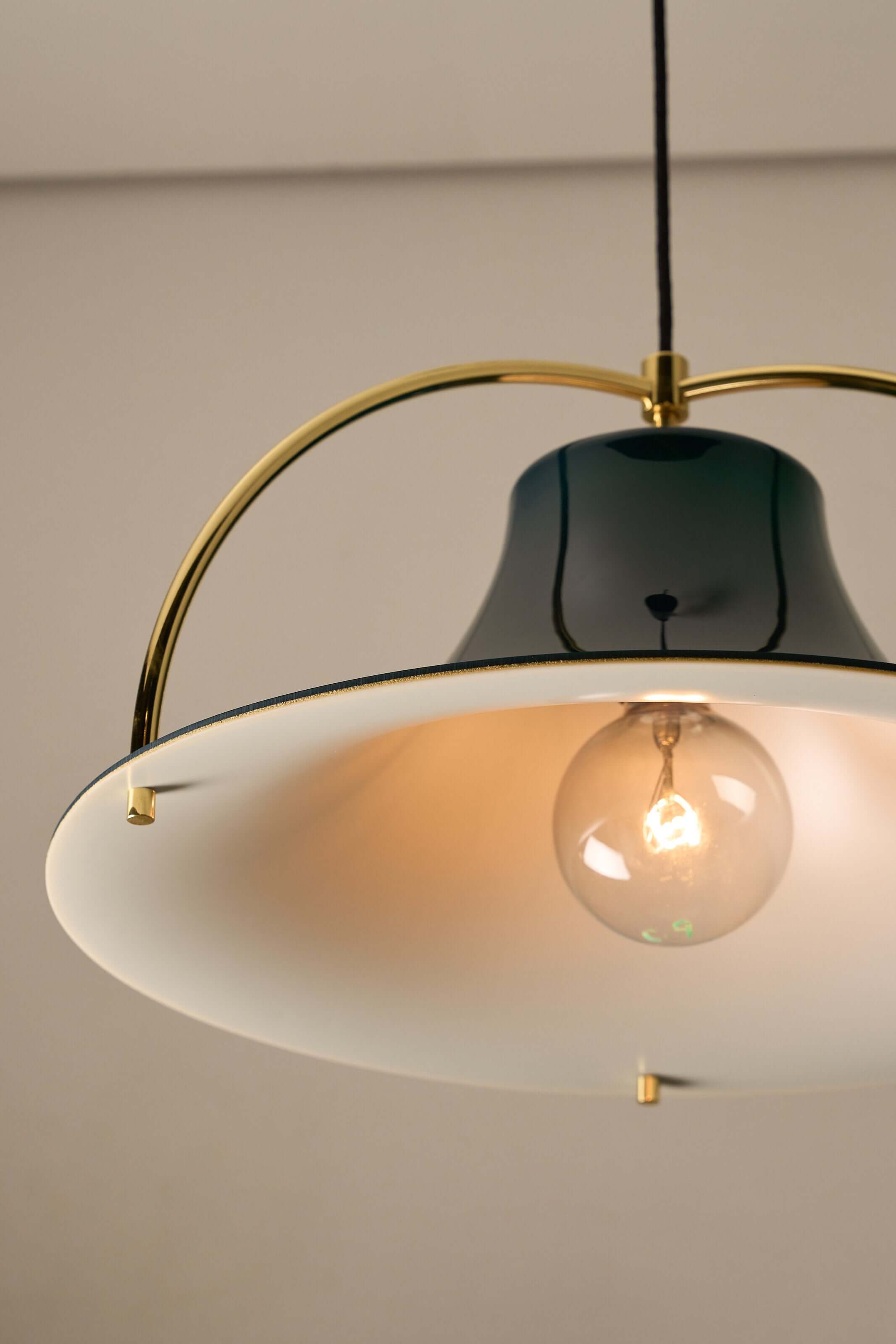 'Single' Acrylic and Brass Pendant by Jo Hammerborg for Fog & Mørup, Denmark, 1960s in detail with clear bulb.