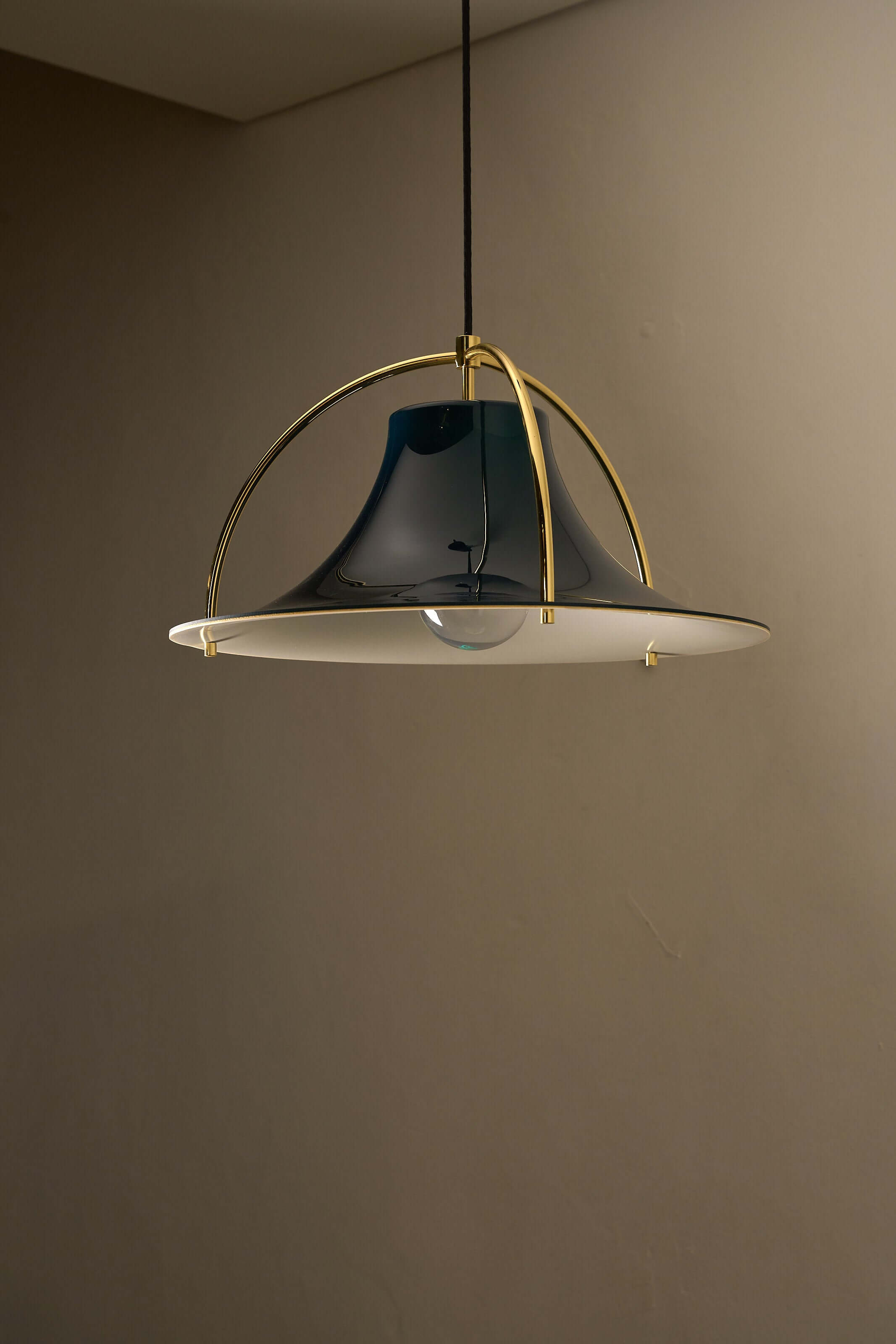 'Single' Acrylic and Brass Pendant by Jo Hammerborg for Fog & Mørup, Denmark, 1960s, deep blue bell-shaped shade.