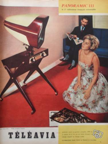 Teleavia P111 'Panoramic' Television Set (1958) showcased in retro living room with couple.