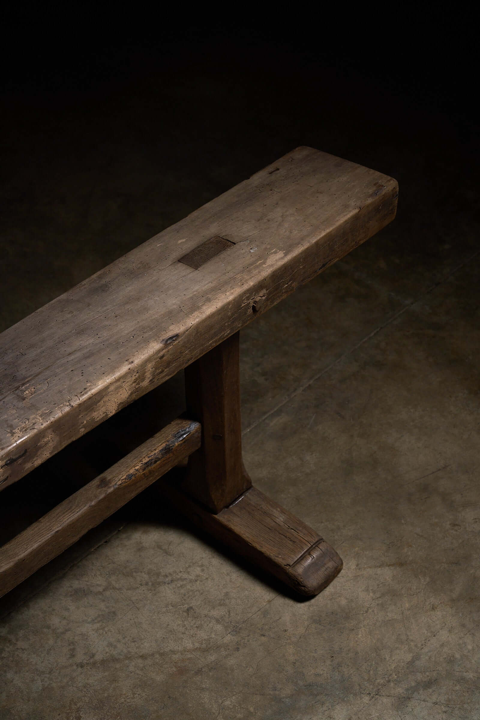 Spanish Trestle Bench in Solid Wood with rustic design and sturdy T-shaped trestle legs, featuring visible joinery.