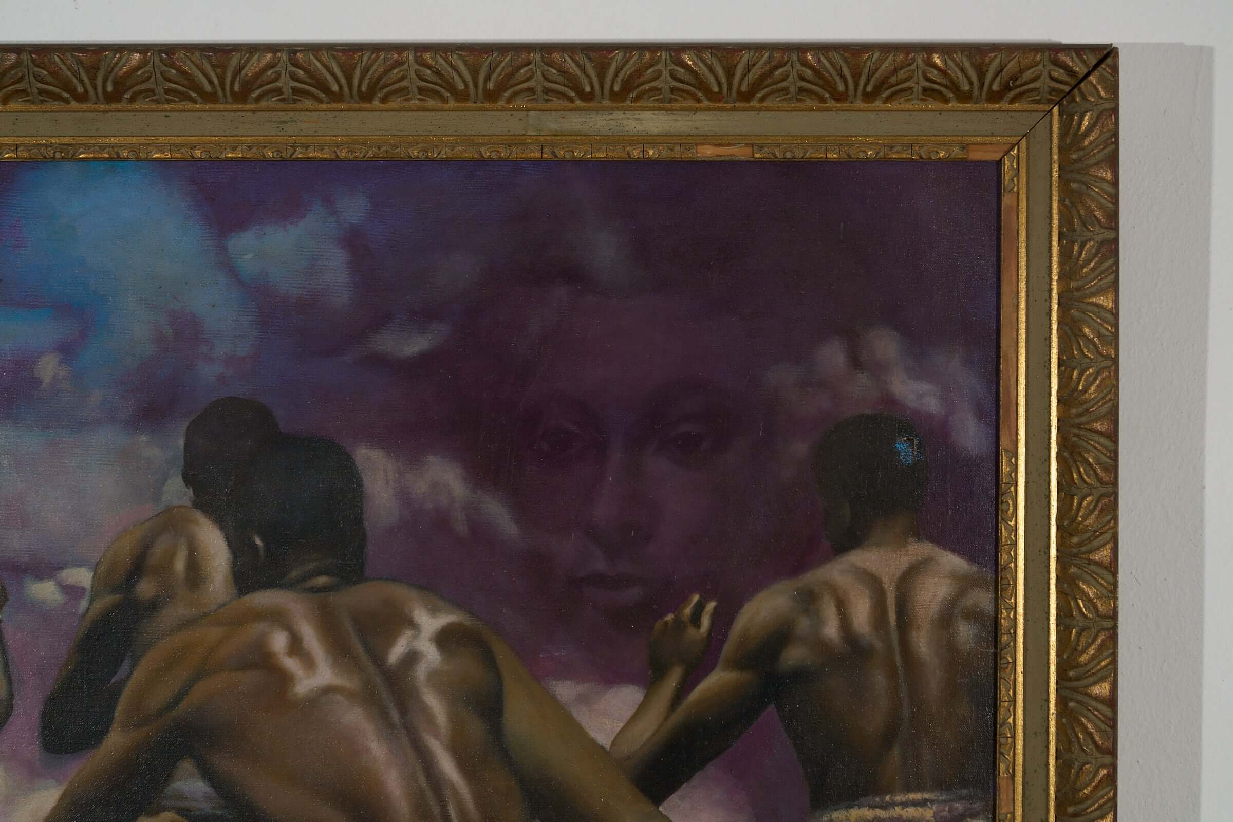 Changing Winds, signed by the artist G. Nathan, features dramatic figures and a spectral face in surreal landscape.