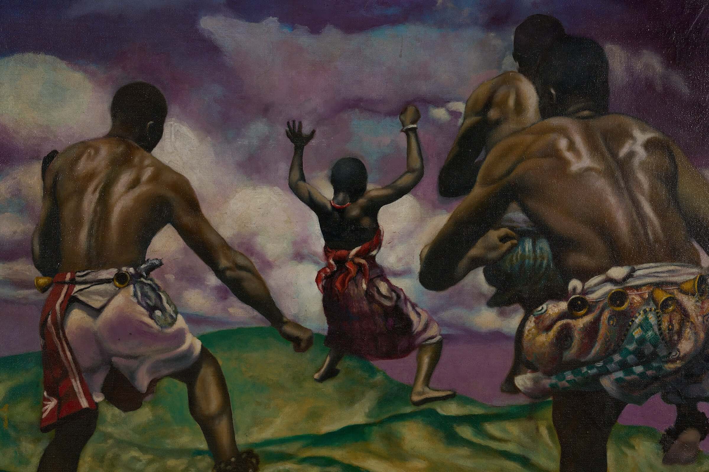 Changing Winds, signed by the artist G. Nathan. Figures in motion against a surrealist purple and blue sky.