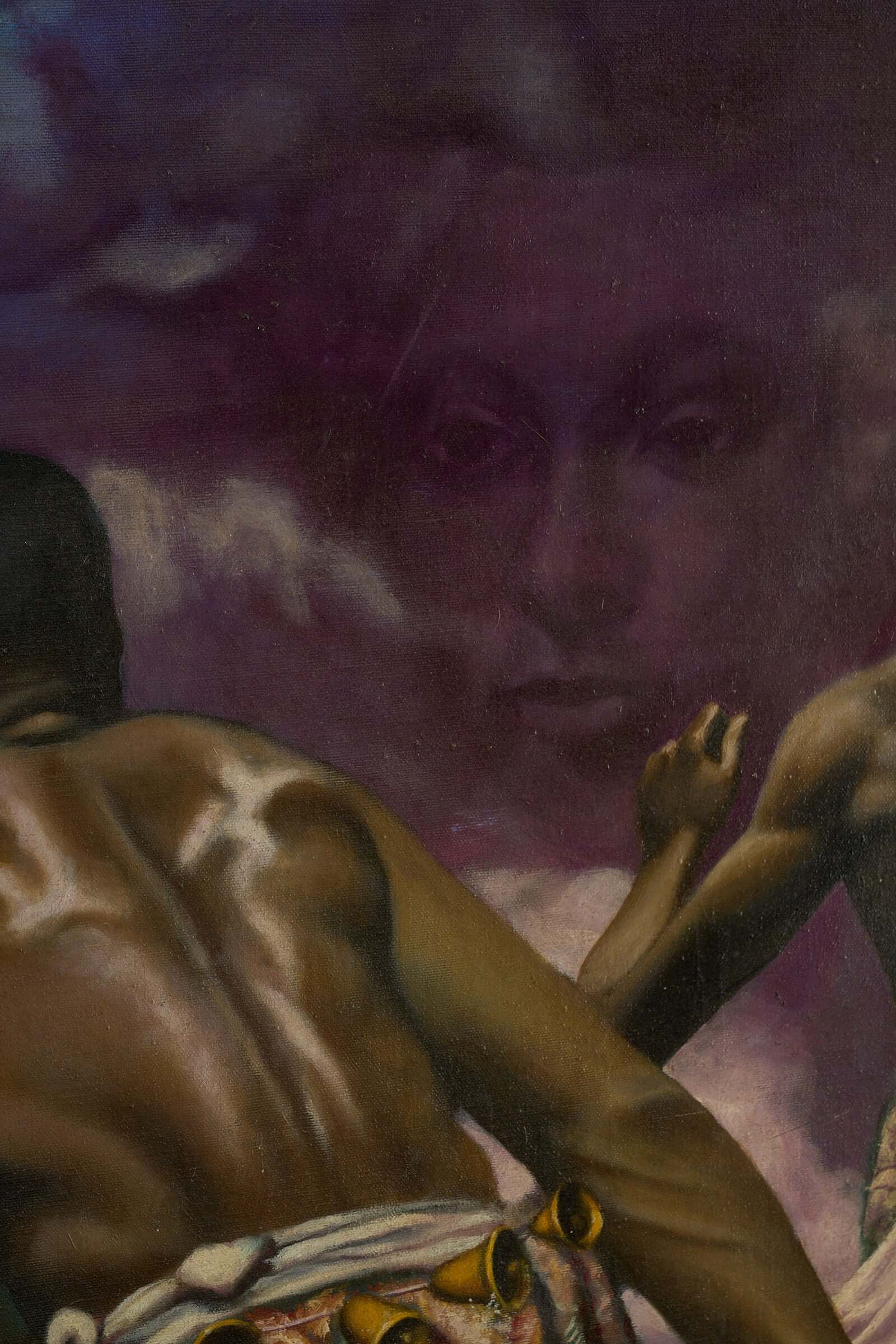 Changing Winds, signed by the artist G. Nathan, features dynamic figures and a spectral face in a surrealist sky.