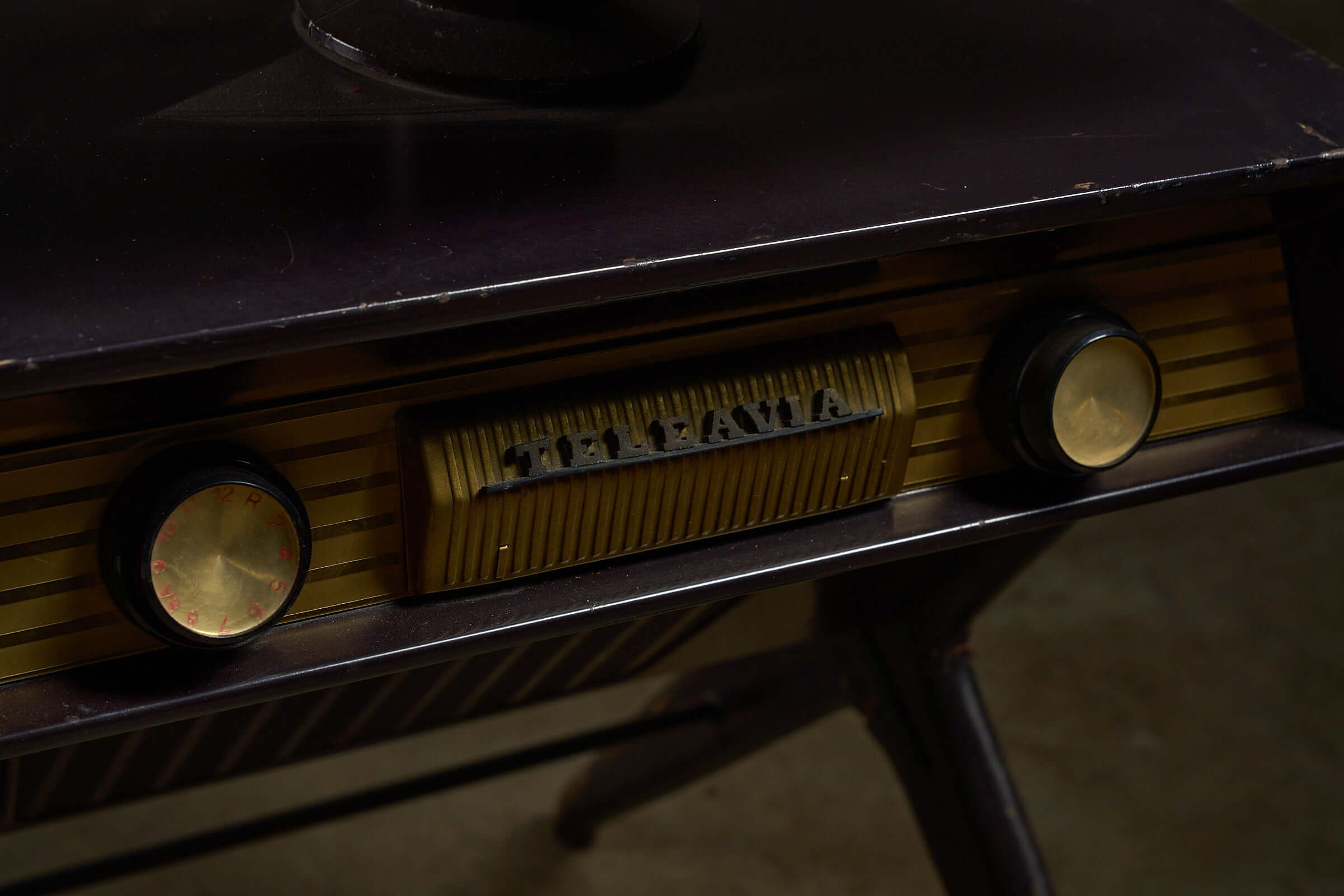 Close-up of the Teleavia P111 'Panoramic' Television Set (1958) showing its distinctive control panel and design features.