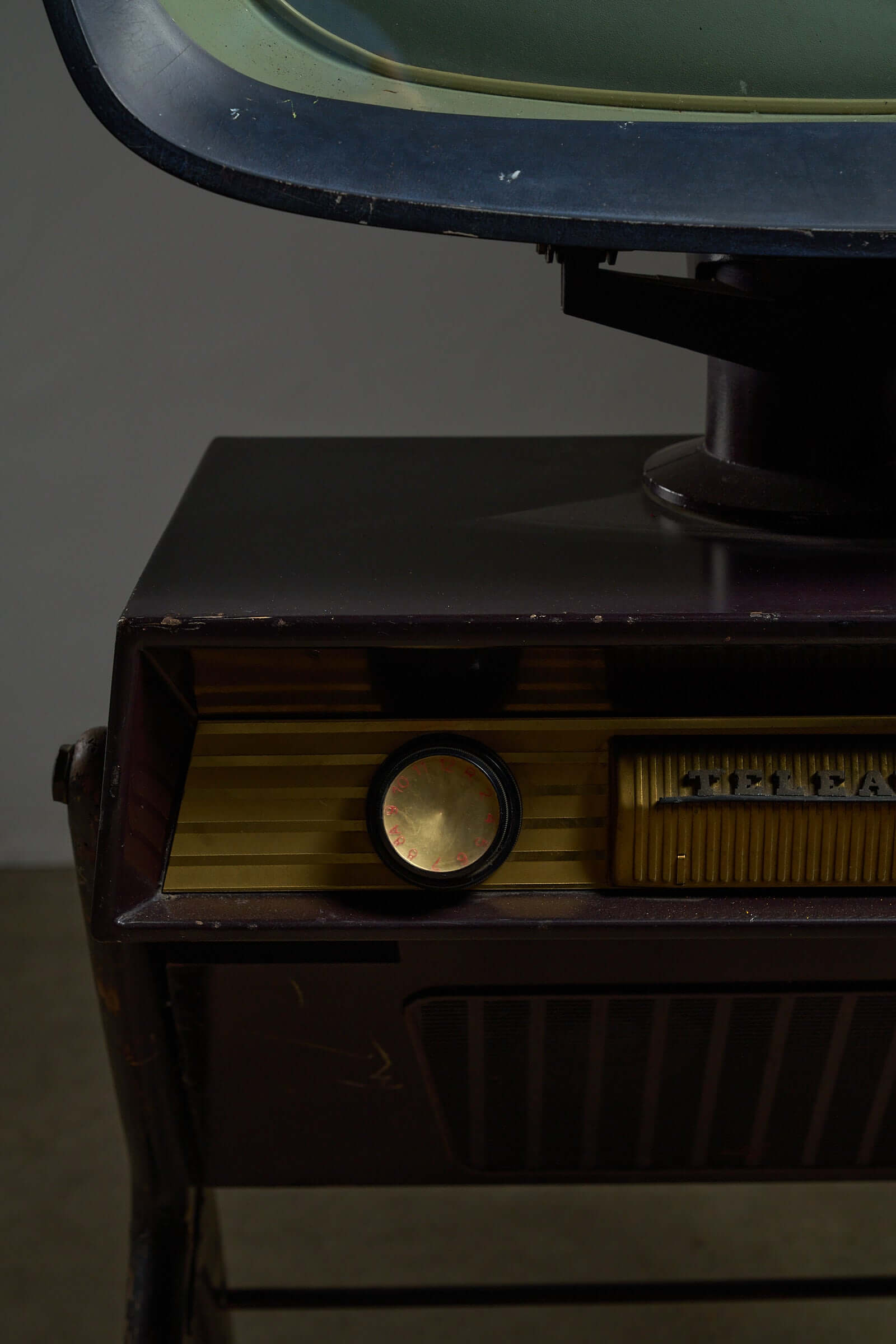 Close-up view of the Teleavia P111 'Panoramic' Television Set (1958) showcasing its distinctive design features.