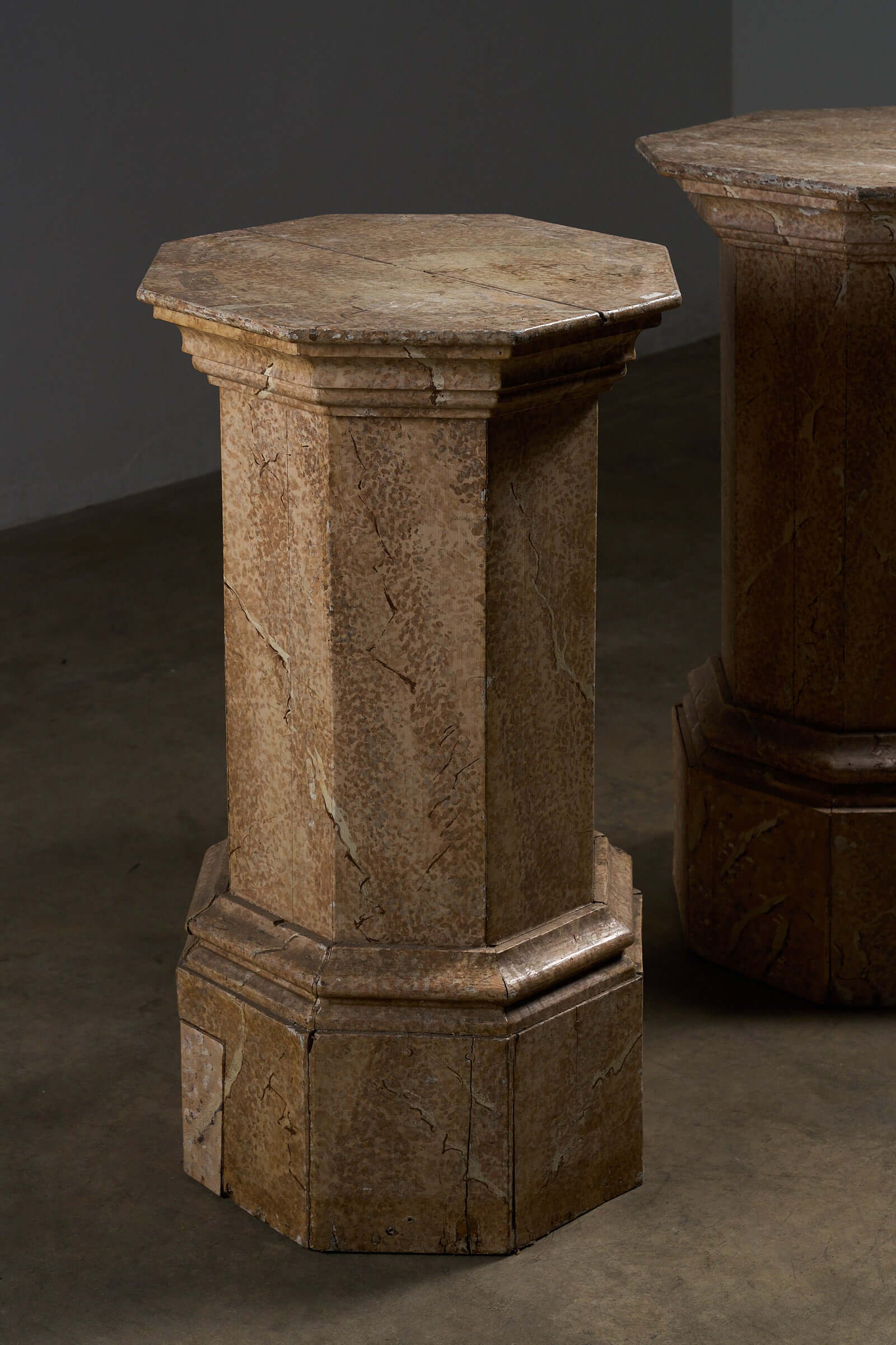 Pair of Antique Faux Marble Octagonal Pedestals showcasing hand-painted faux marbre finish.
