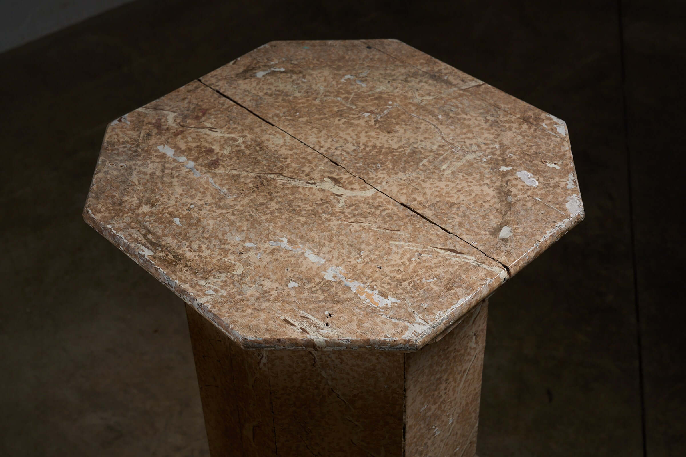 Pair of Antique Faux Marble Octagonal Pedestals top view showing the unique faux marbre finish and octagonal shape.