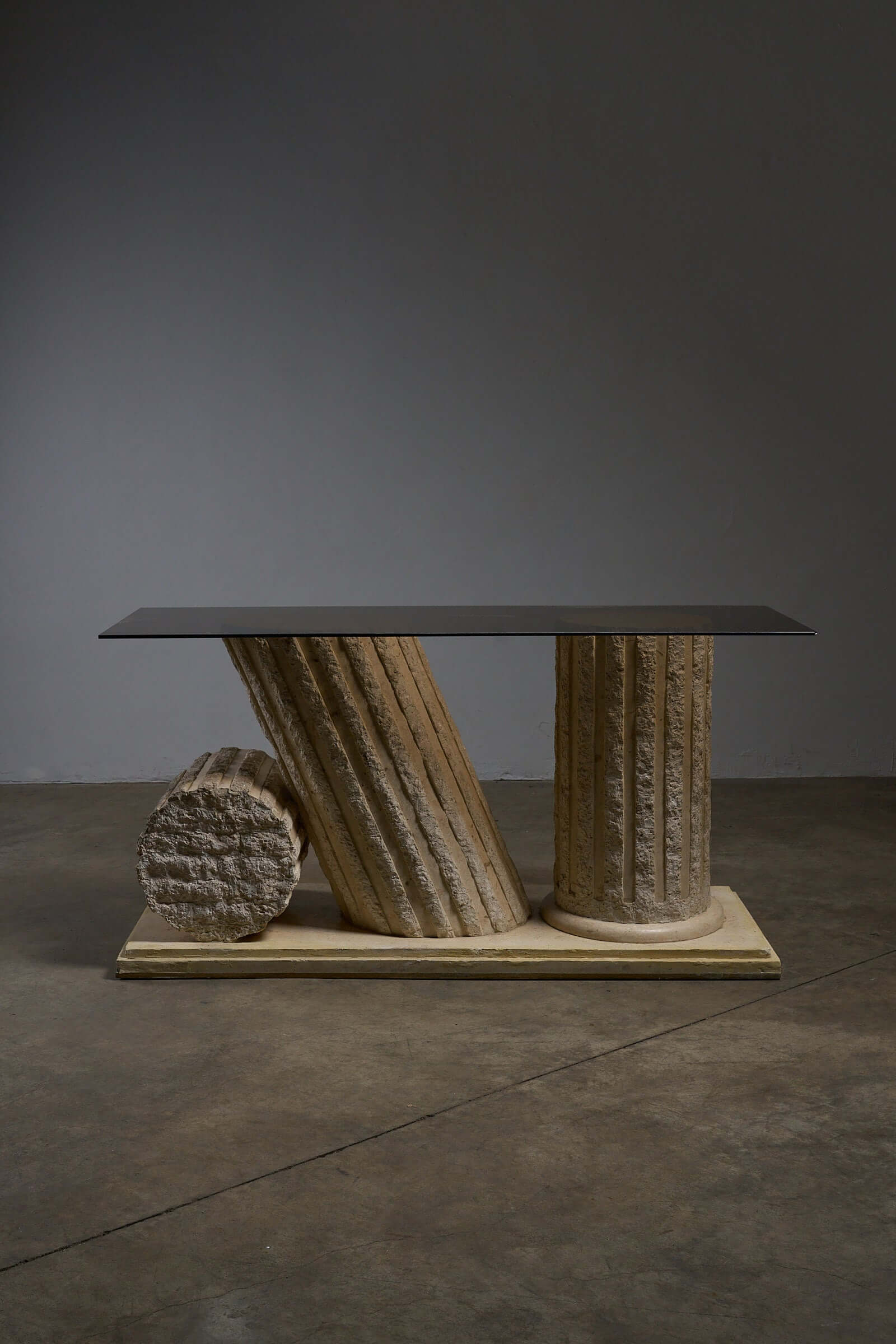 Postmodern 'Greek Ruins' Console Table in Mactan Stone 1980s with fluted columns and a stone plinth.