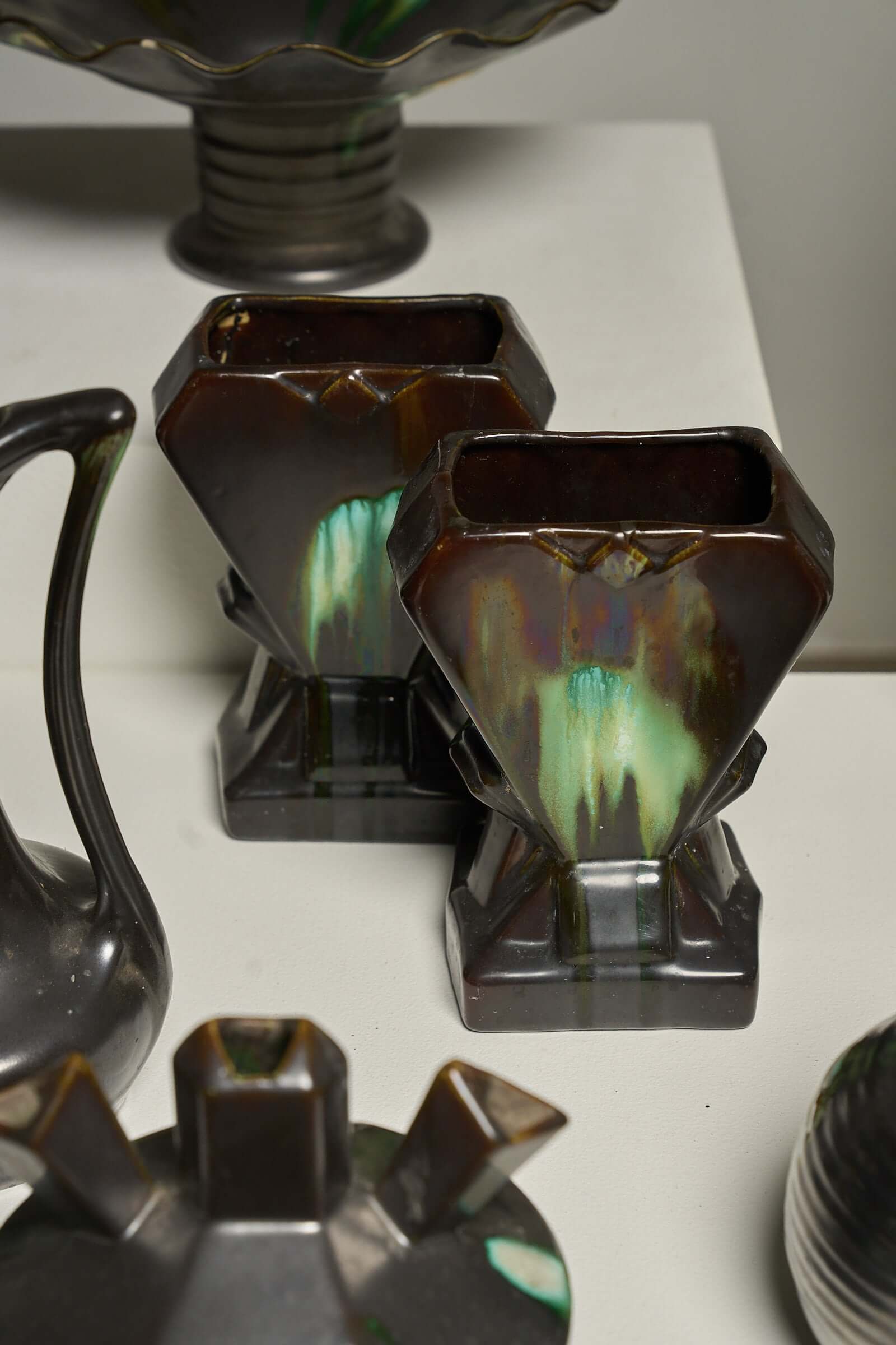 Large Collection of Belgian Art Deco Drip Glaze Ceramics 1920s, showcasing unique vases with flammé glaze technique.