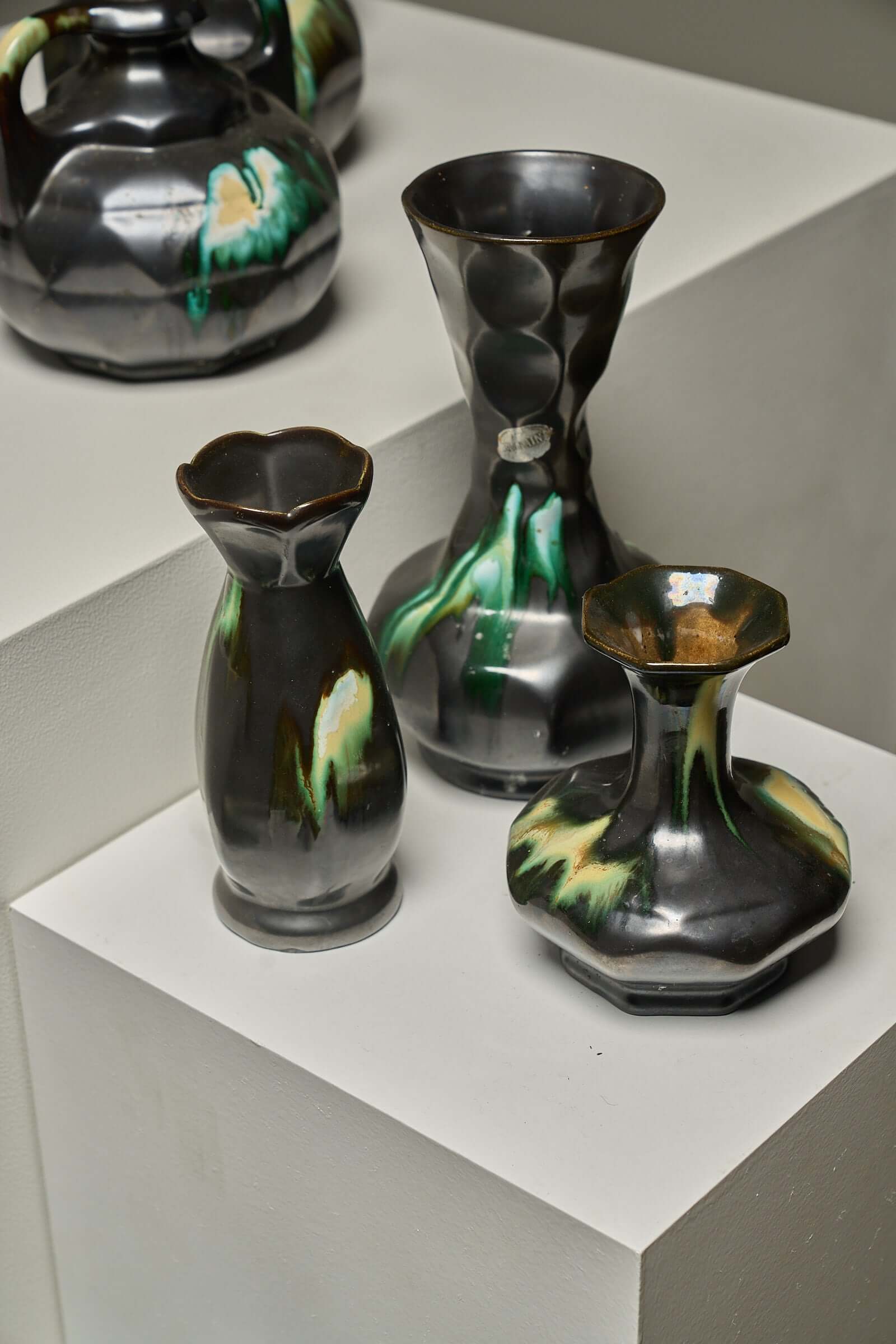 Large Collection of Belgian Art Deco Drip Glaze Ceramics 1920s featuring various vases with flammé glaze.
