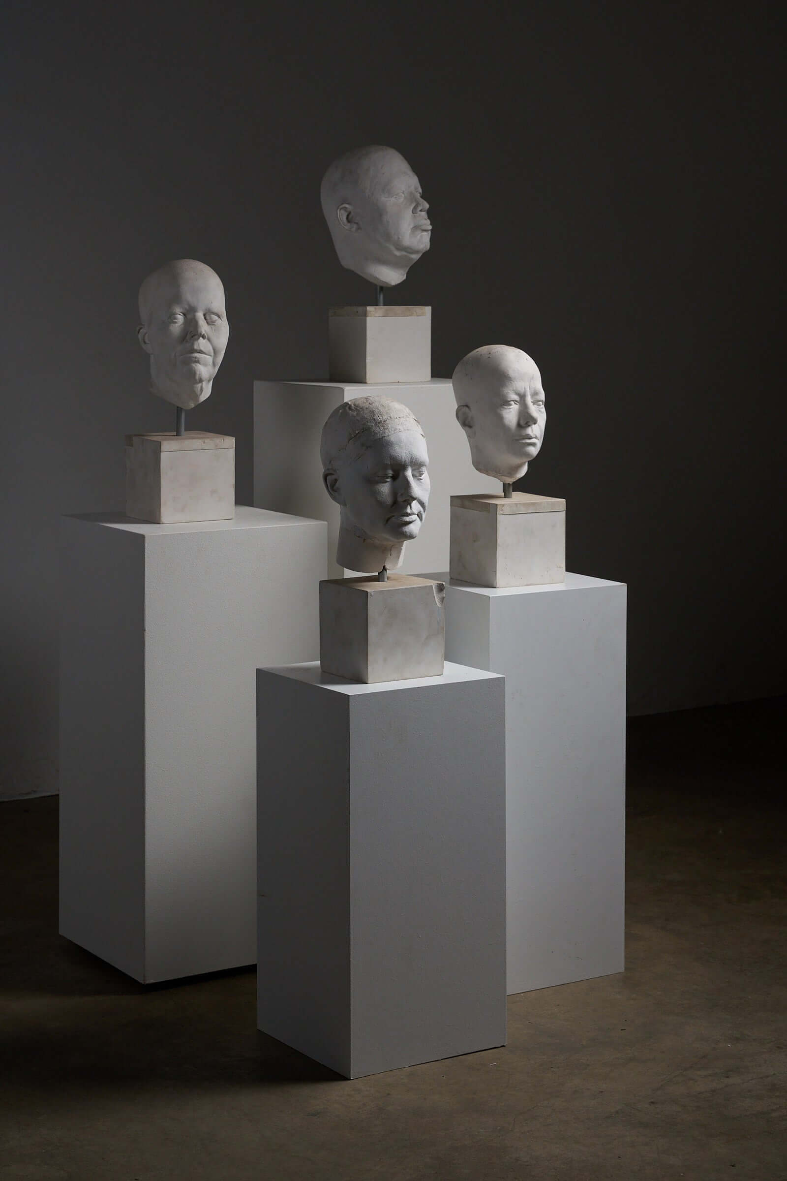 Set of Four Plaster Heads on Plinths displayed in an artistic arrangement with a dark background.