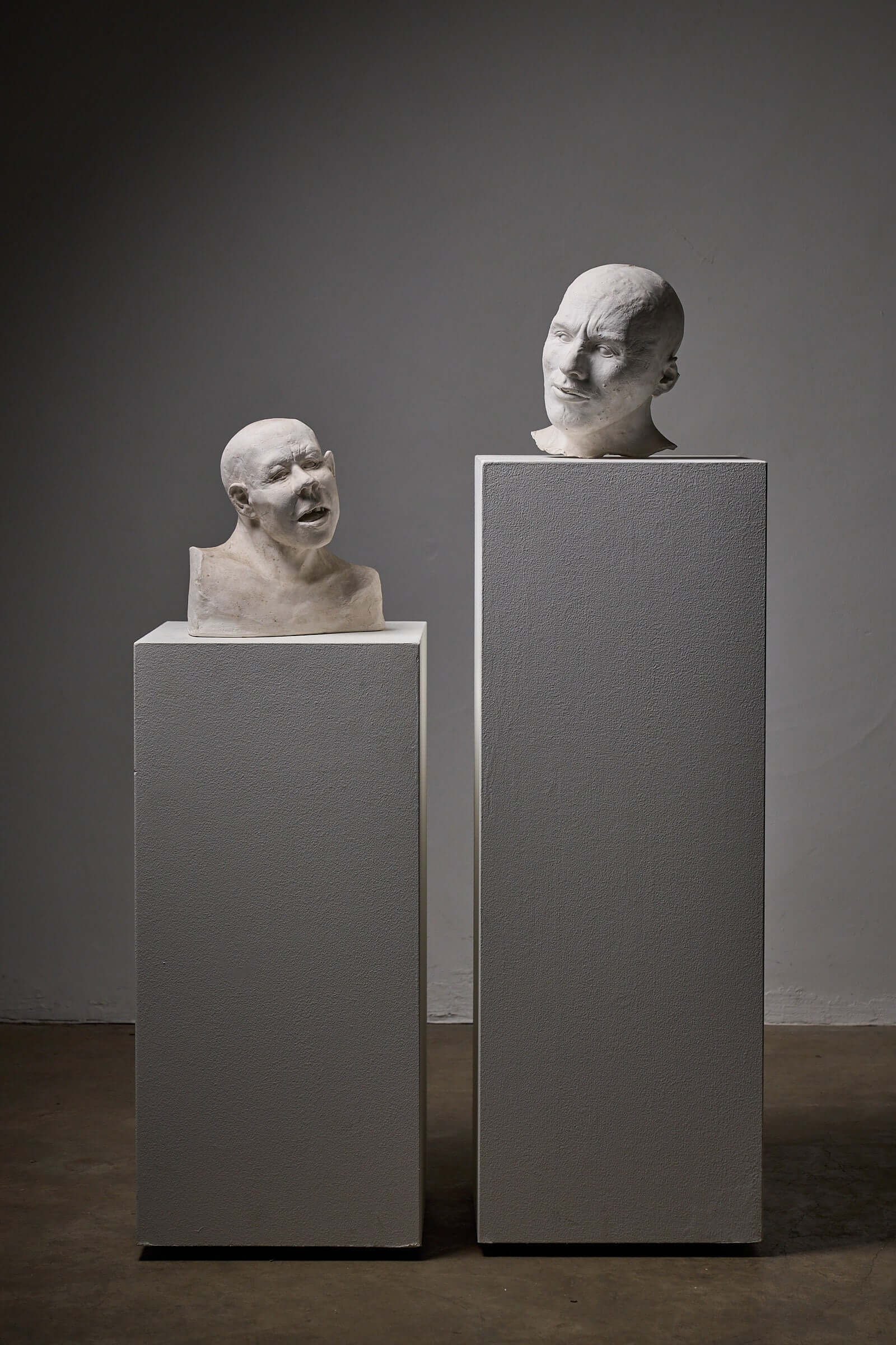 Set of Two Plaster Heads on Plinths displayed on contrasting pedestals for artistic showcase.