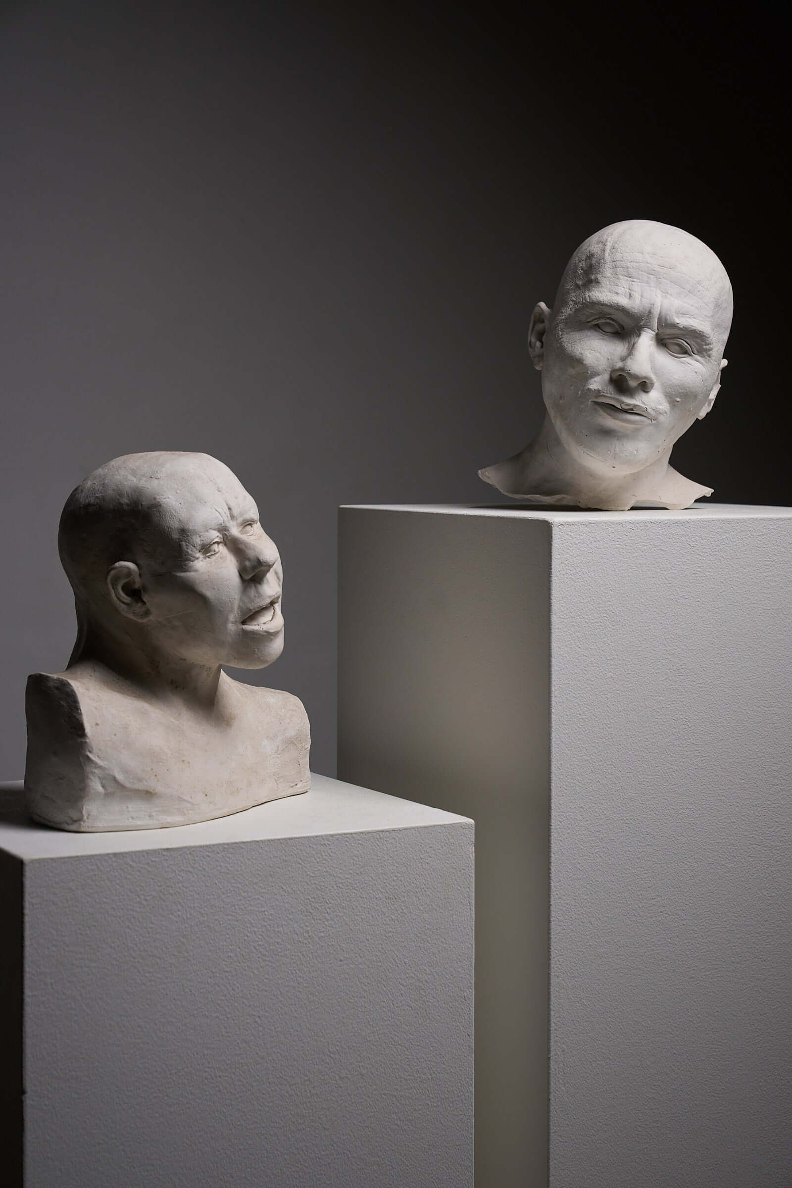 Set of Two Plaster Heads on Plinths showcased in an artistic display with dramatic lighting.