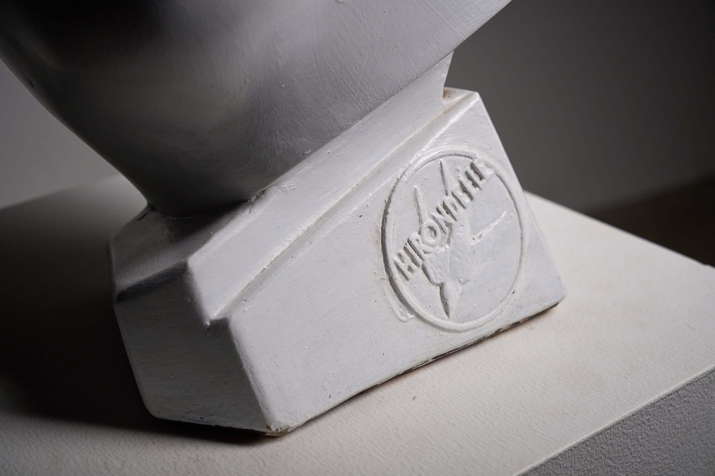 Mid-Century Plaster Display Busts by Hirondelle logo on base showing classic design details.