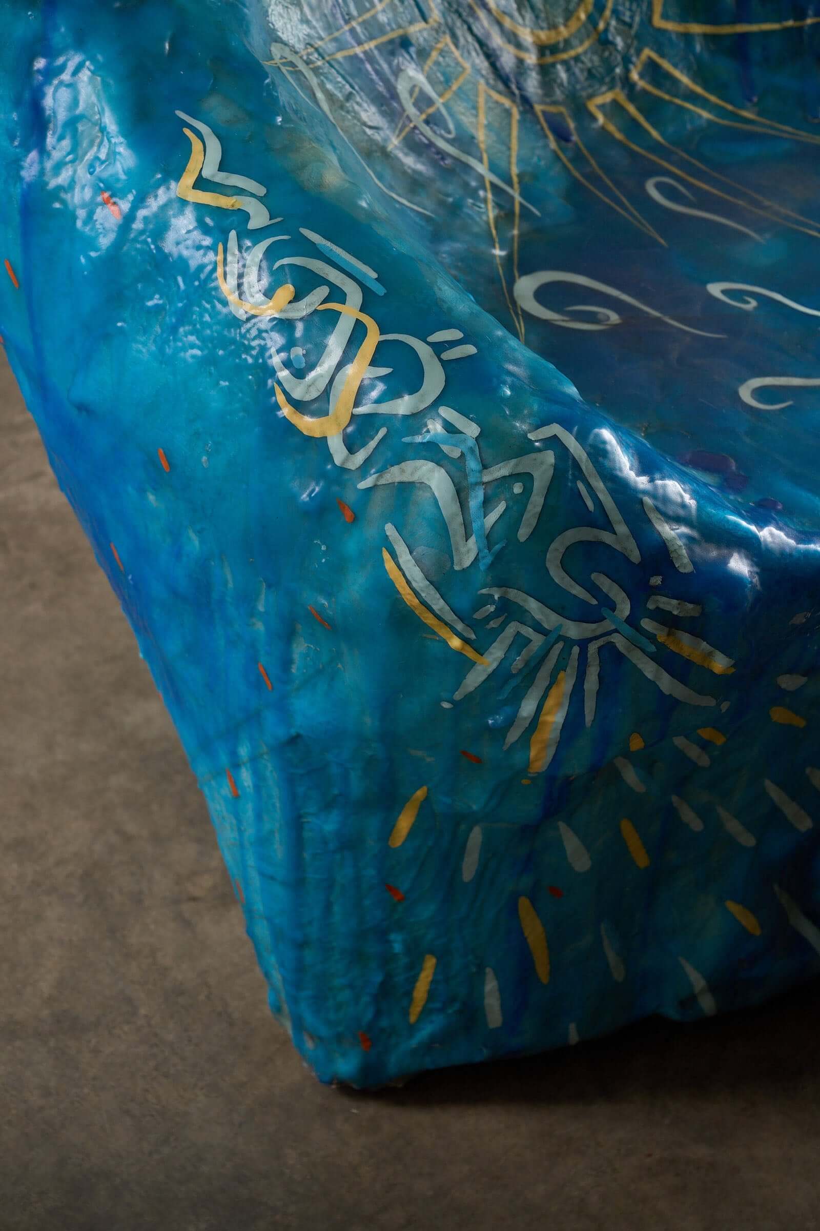 Close-up of "The Sun Who Never Goes Down" Polyester Chair by Arne Quinze, 1971, showcasing its unique blue design.