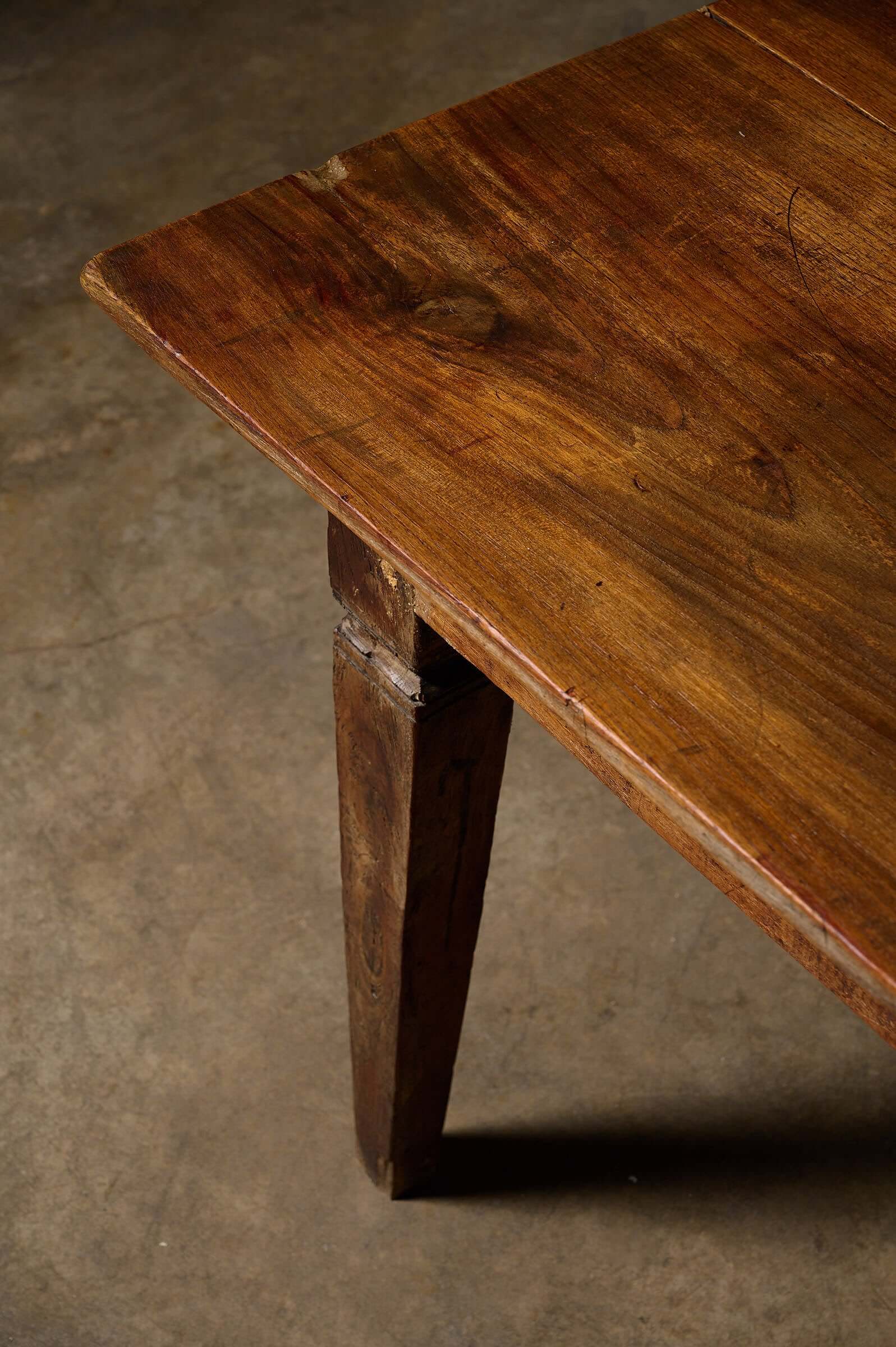 Antique French Farmhouse Table top detail showcasing rich patina and solid wood craftsmanship.