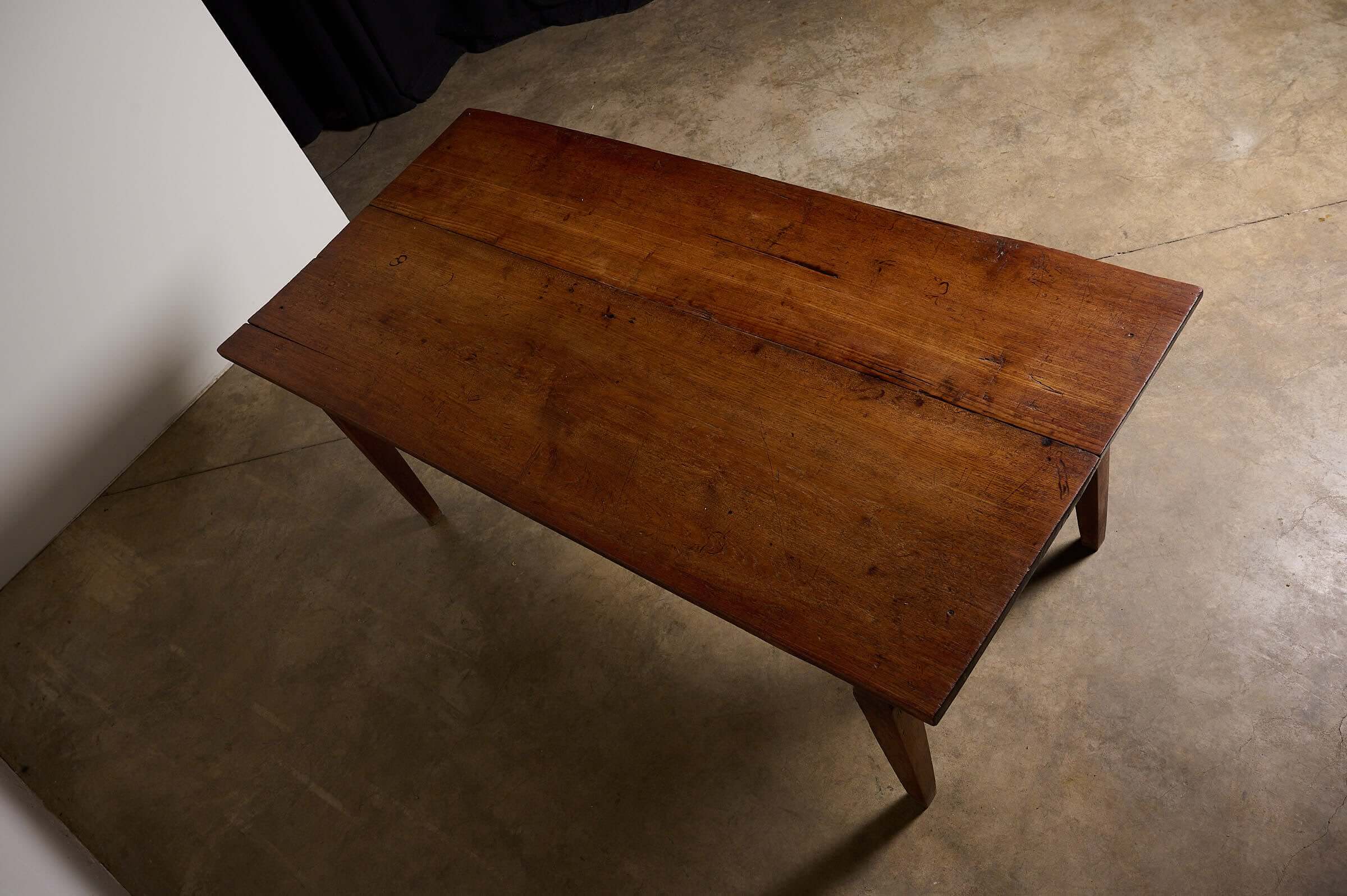 Rustic Tapered Leg Kitchen Dining Table with solid plank top and tapered square legs.