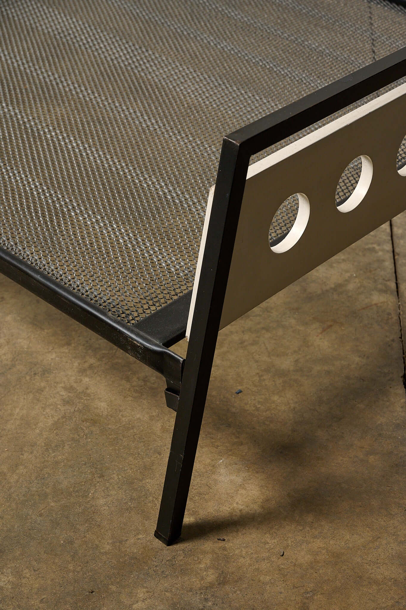 Rob Parry & Emile Truijen 'Kamer 56' Bed for Dico Dico footboard with circular cutouts and metal mesh base.