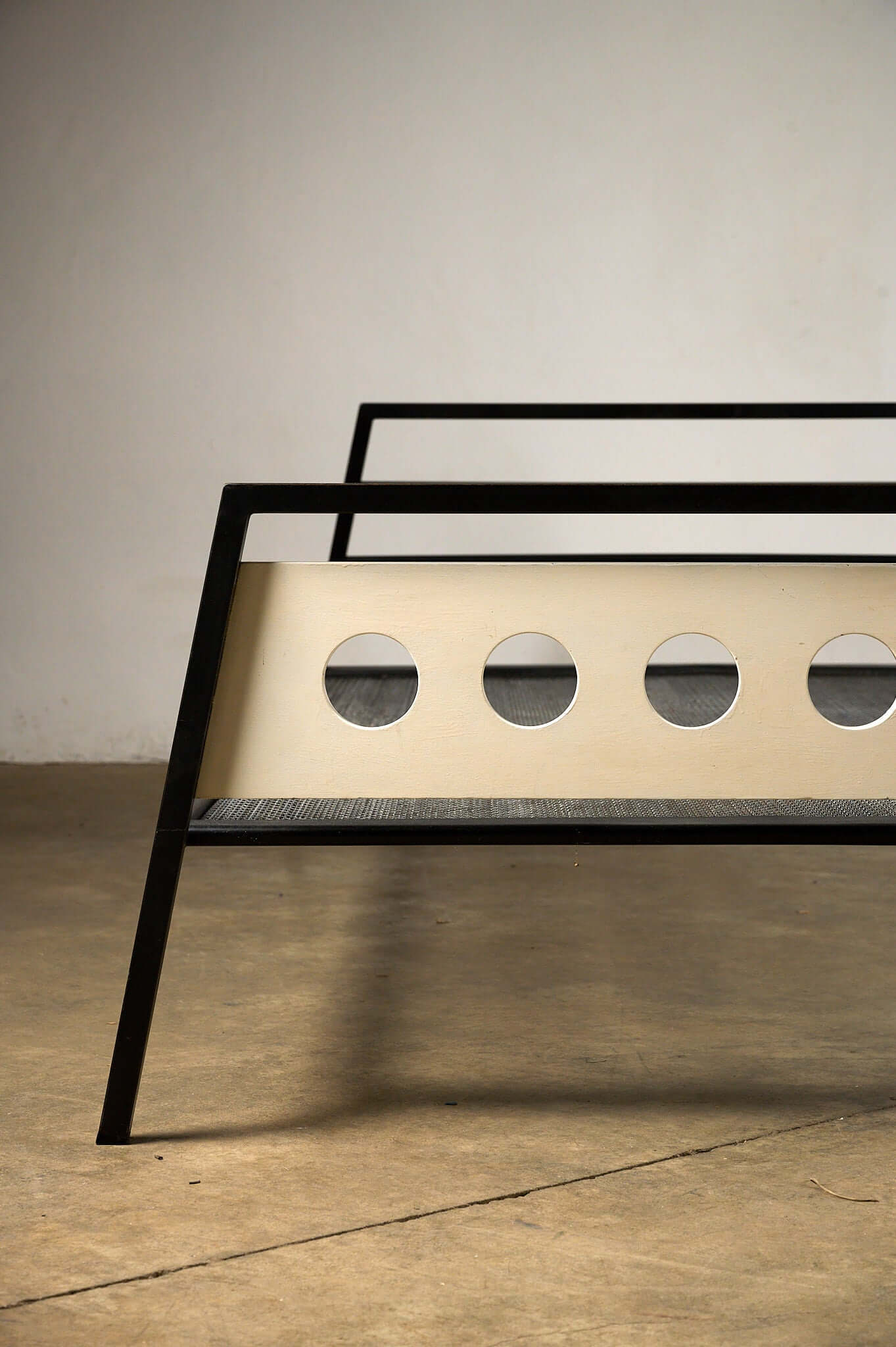 Rob Parry & Emile Truijen 'Kamer 56' Bed for Dico Dico with black metal frame and off-white porthole cutout panel.