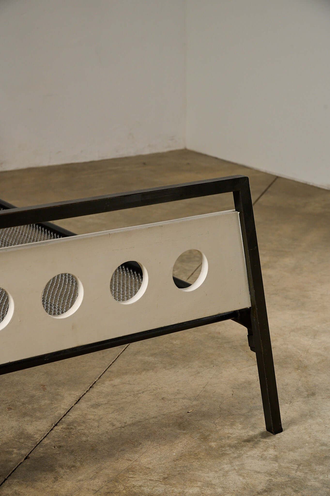 Rob Parry & Emile Truijen 'Kamer 56' Bed for Dico Dico showcasing off-white footboard with porthole cutouts.