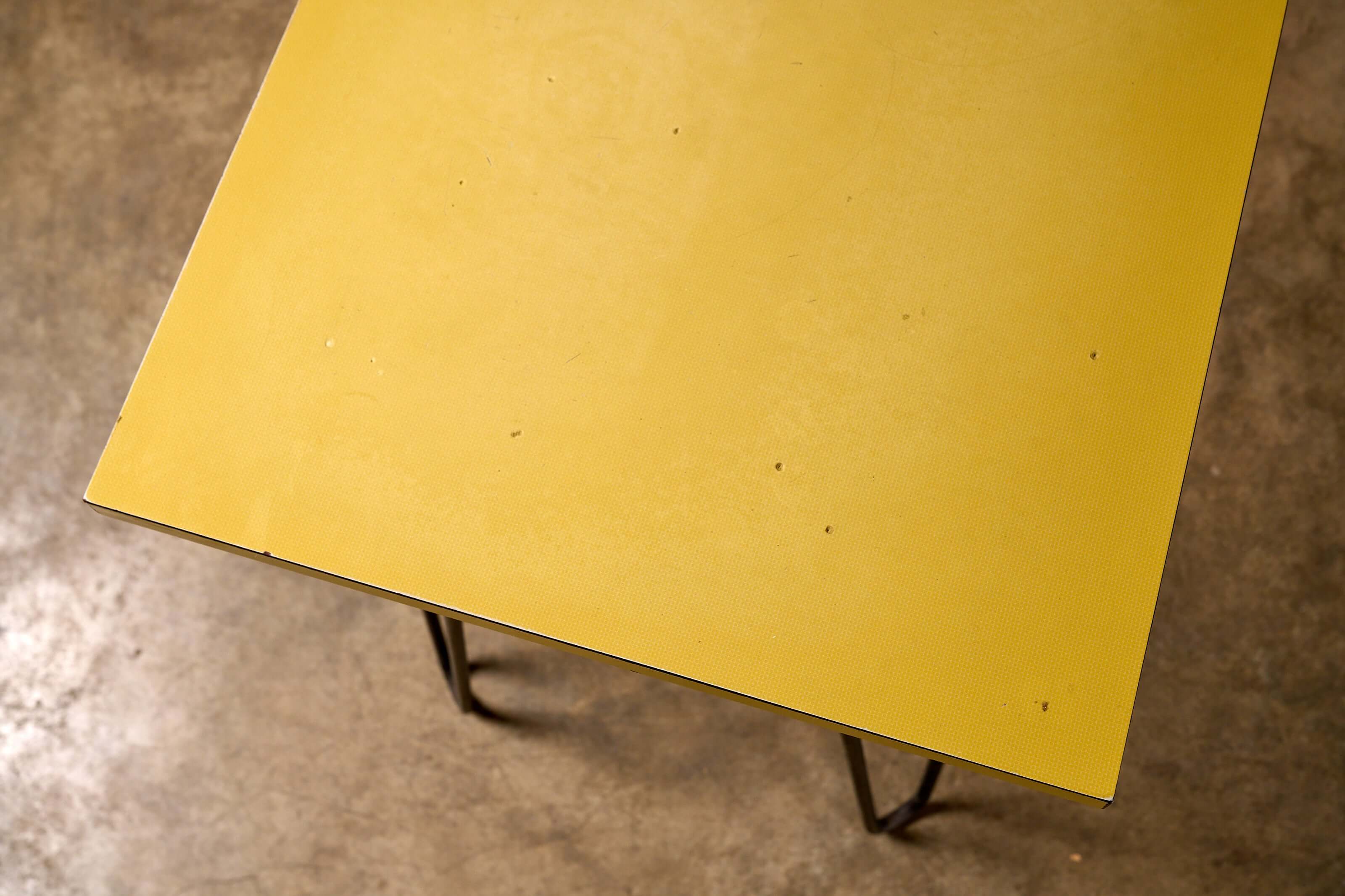 Mid-Century Yellow Console or Desk tabletop with textured yellow laminate surface and black metal legs.