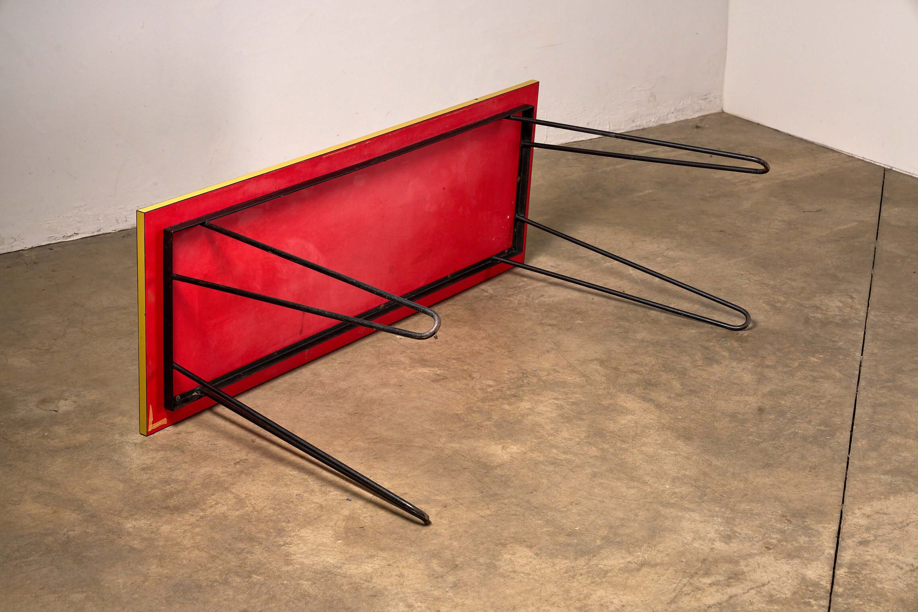 Mid-Century Yellow Console or Desk with textured yellow laminate top and black metal hairpin legs.